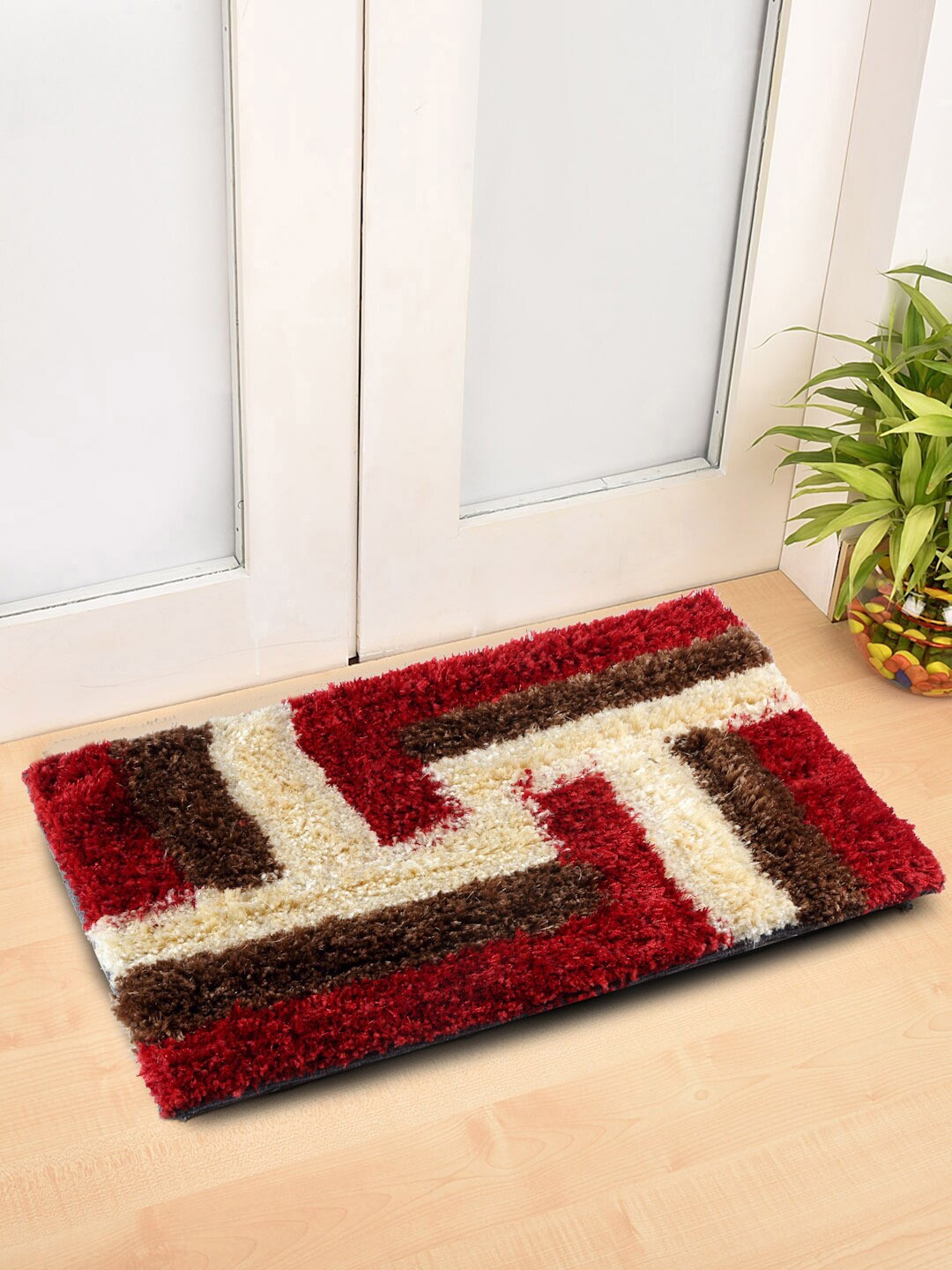 FABINALIV Red & Beige Geometric Patterned Anti-Skid Door Mat