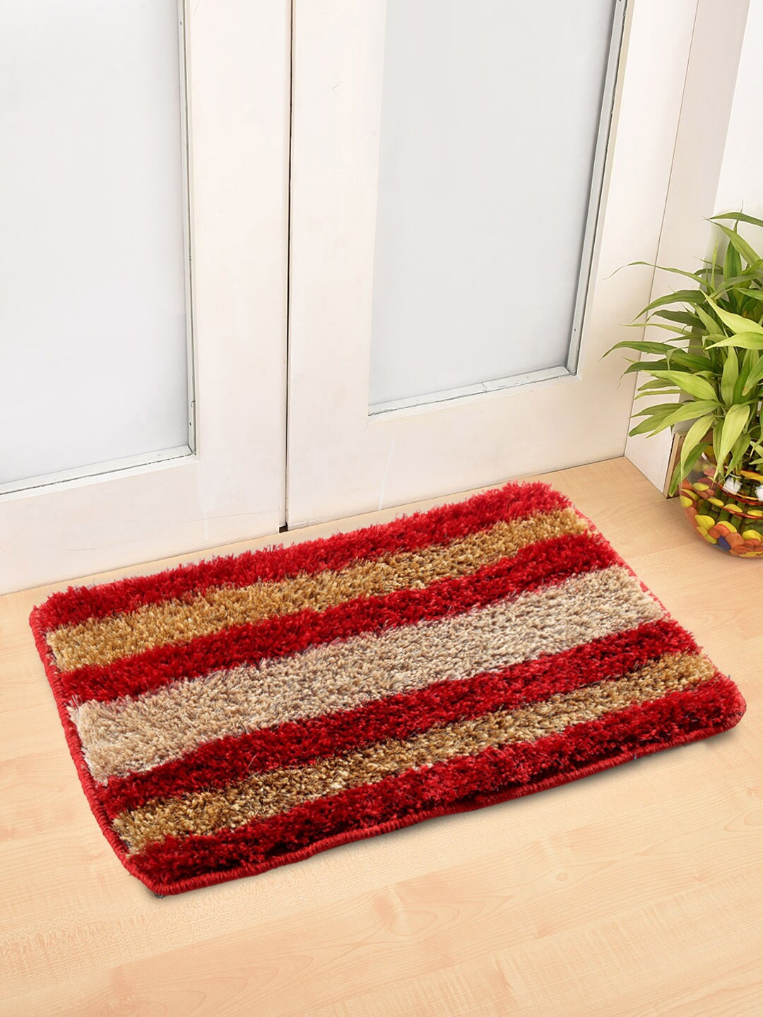 FABINALIV Red & Beige Striped Anti-Skid Doormat