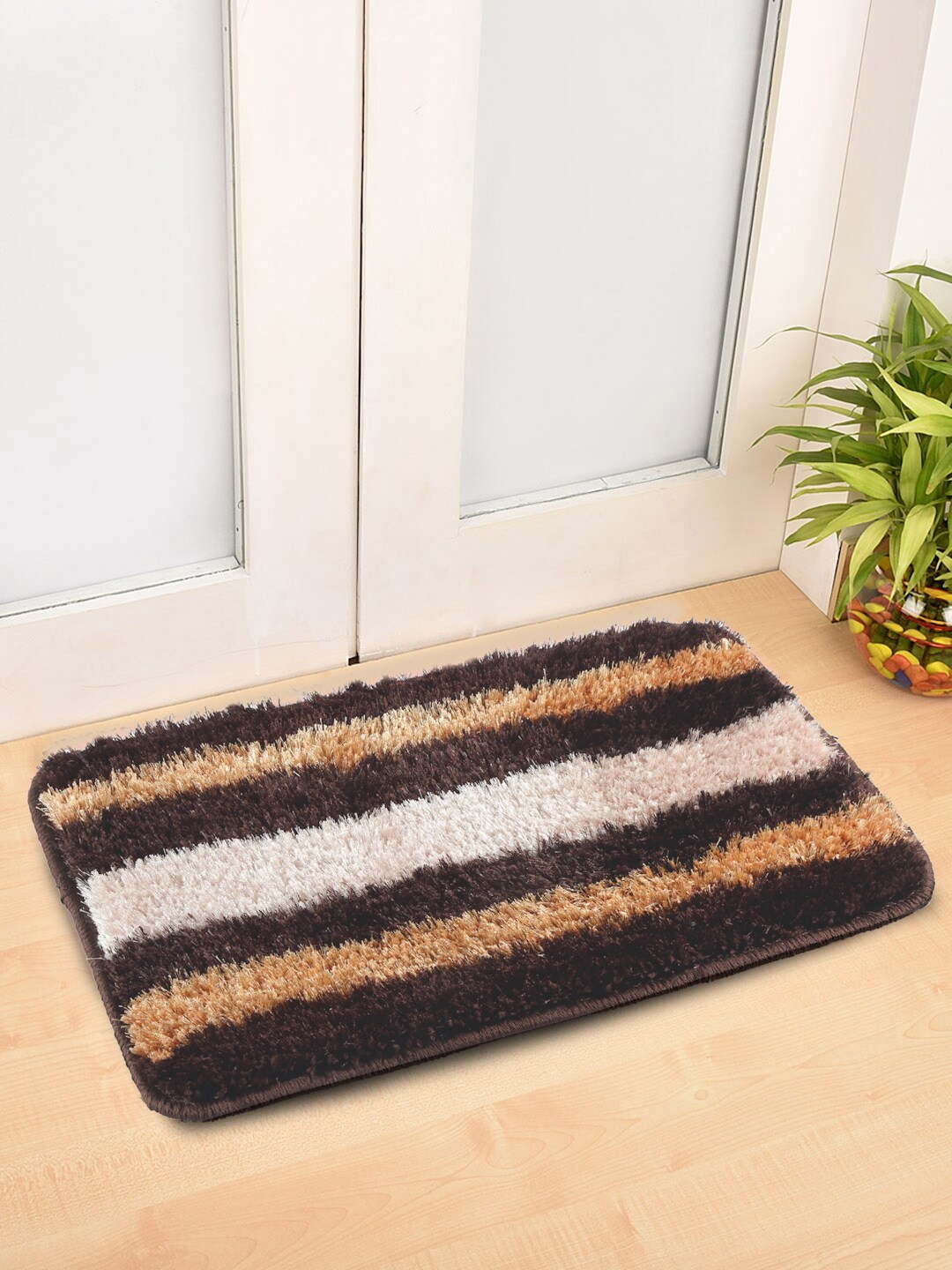 

FABINALIV Brown & Cream-Colored Striped Anti-Skid Doormat