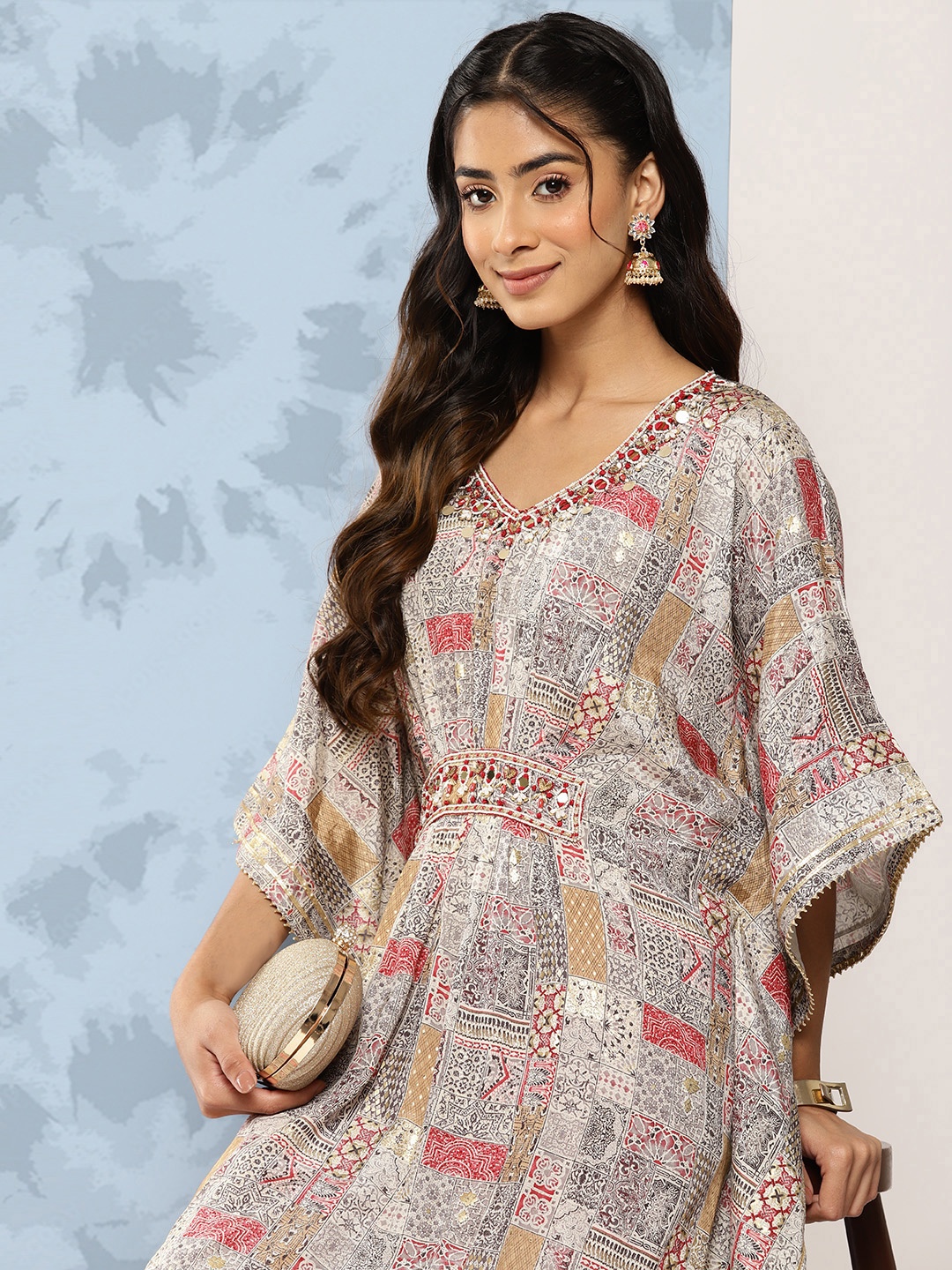 

ZOLA Women Ethnic Motifs Printed Flared Sleeves Gotta Patti Kaftan Kurta, Grey