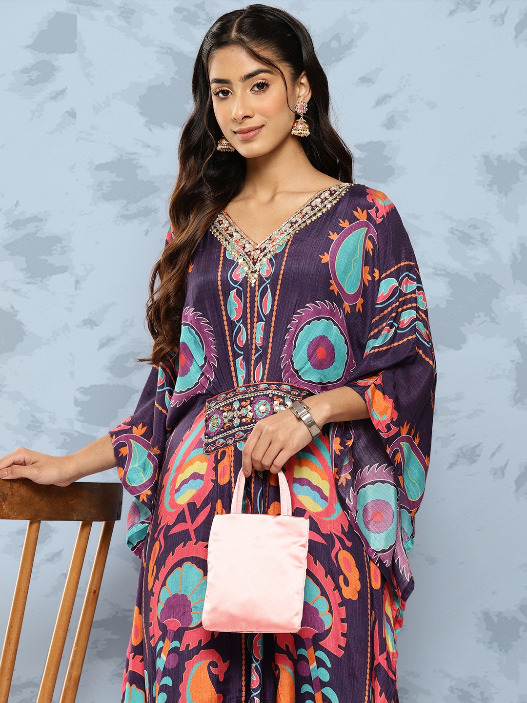 

ZOLA Women Ethnic Motifs Embellished Flared Sleeves Kaftan Kurta, Purple