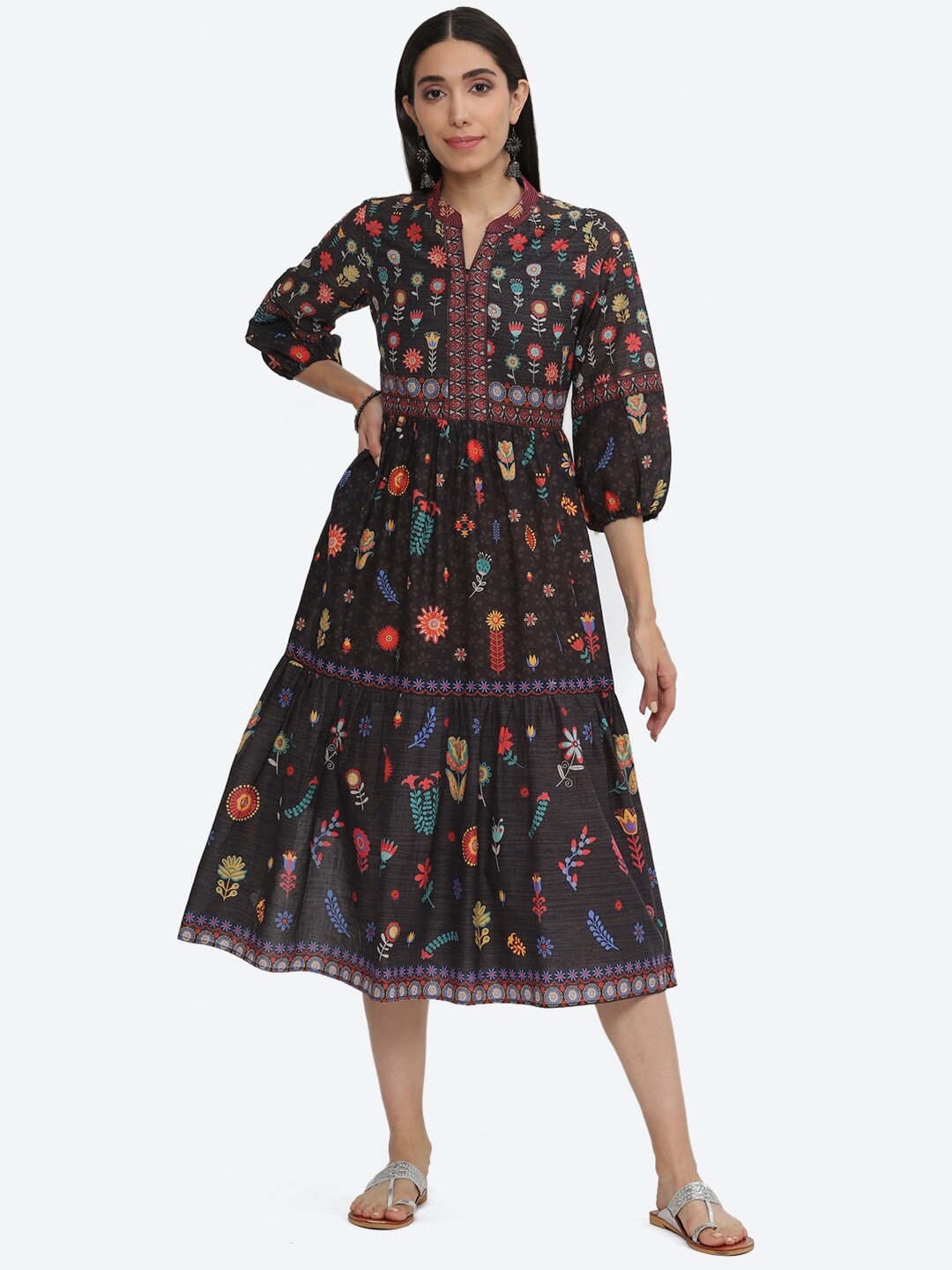 

Biba Ethnic Motifs Print Puff Sleeve Fit & Flare Midi Ethnic Dress, Black