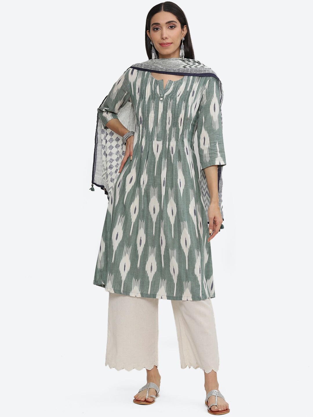 

Biba Abstract Printed A-Line Kurta with Palazzos & Dupatta, Green