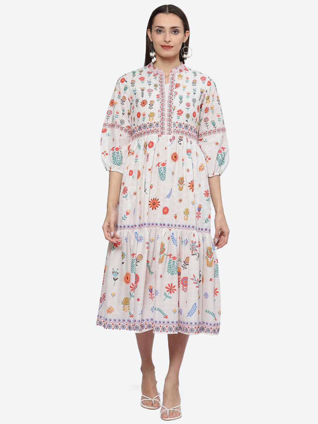 

Biba Floral Printed Puff Sleeve Fit & Flare Midi Ethnic Dress, White