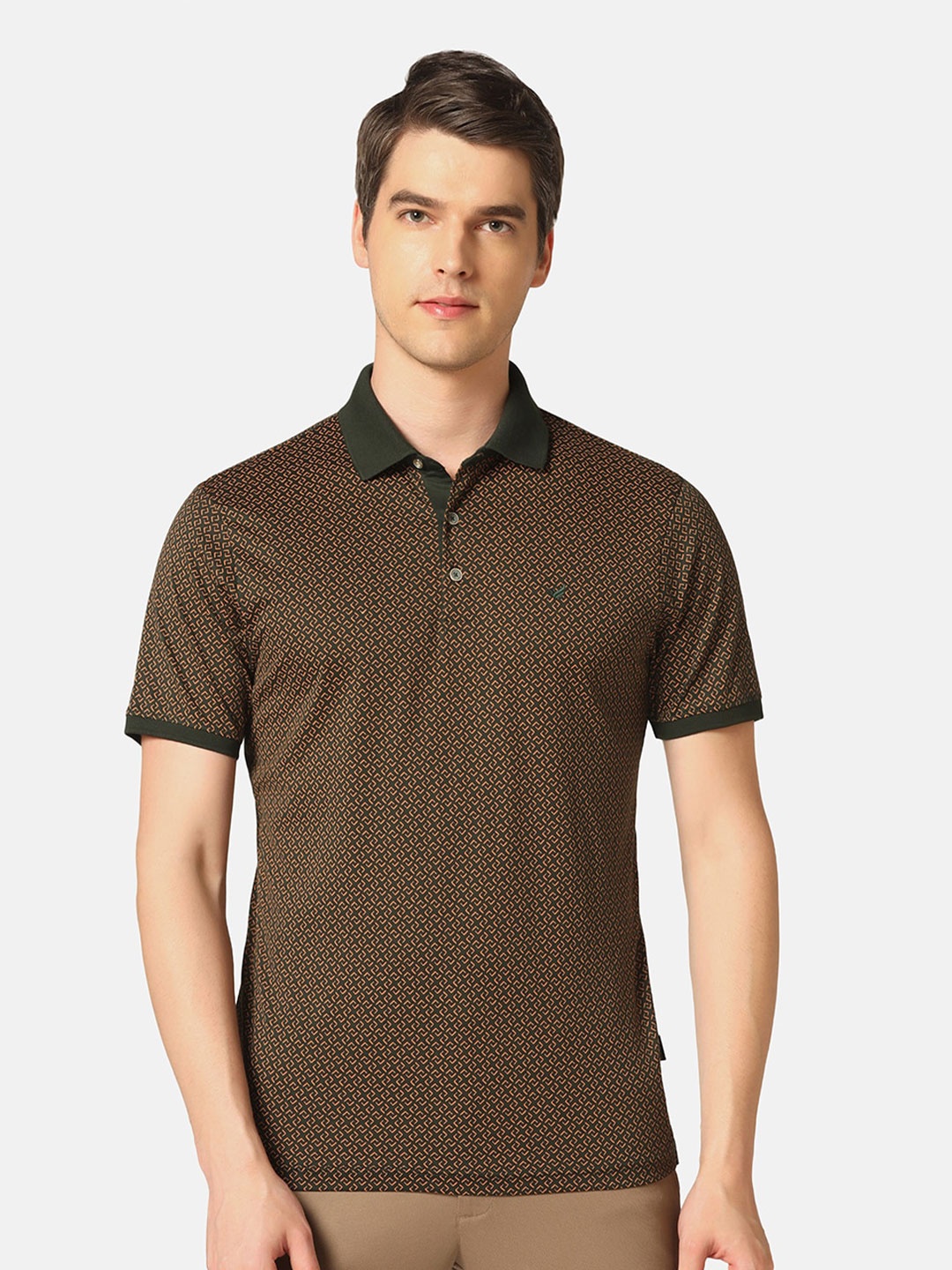 

Blackberrys Geometric Printed Polo Collar Slim Fit Pure Cotton T-shirt, Olive