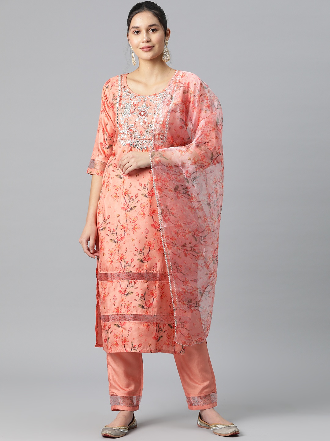 

SERONA FABRICS Floral Embroidered Mirror Work Kurta With Trousers & Dupatta, Peach