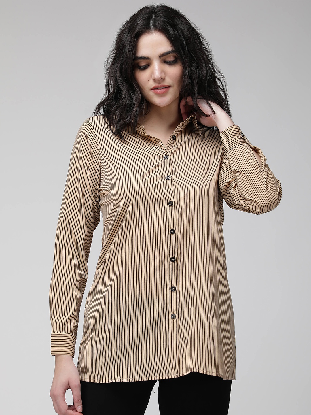 

IDK Beige Vertical Striped Shirt Style Longline Top