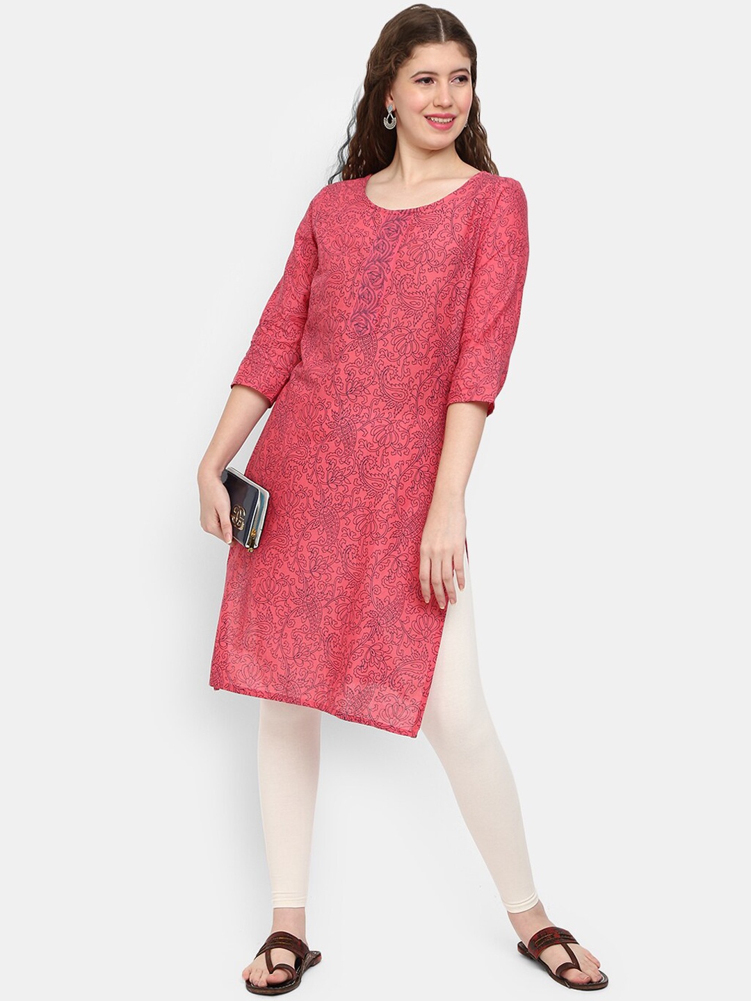

V-Mart Ethnic Motifs Printed Pure Cotton Straight Kurta, Pink