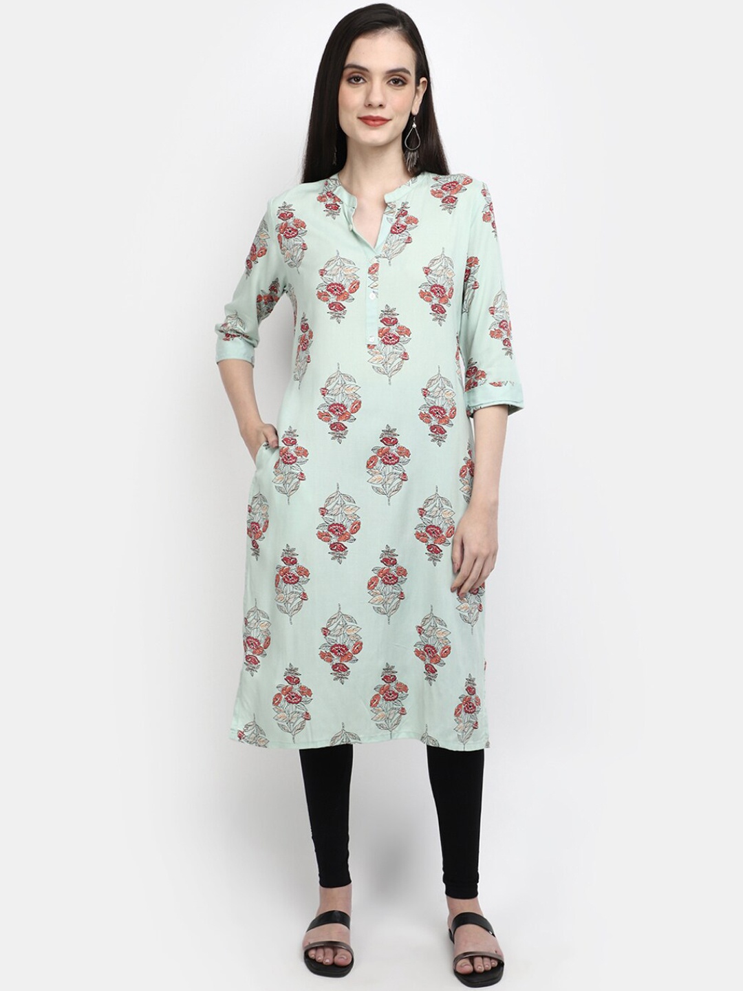 

V-Mart Mandarin Collar Floral Printed Pure Cotton Kurta, Green