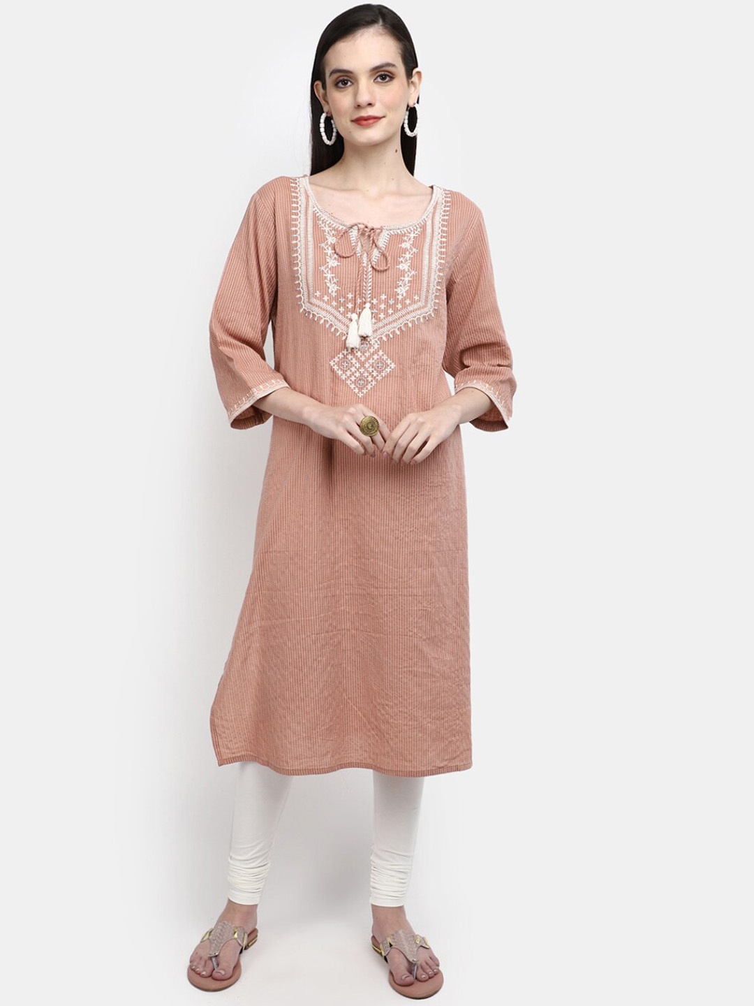 

V-Mart Tie Up Neck Striped Thread Work Pure Cotton Kurta, Pink