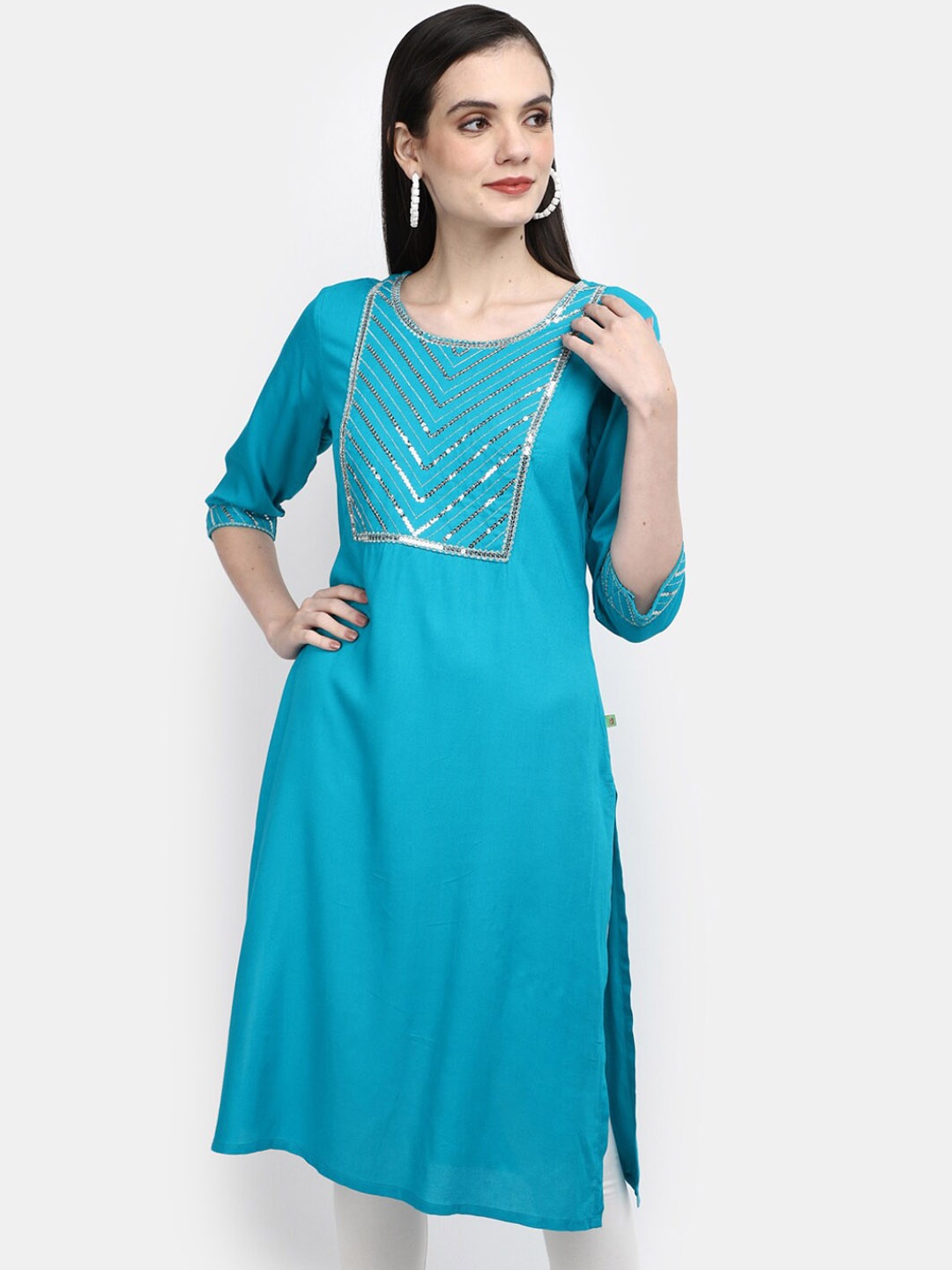 

V-Mart Geometric Yoke Design Sequinned Kurta, Turquoise blue