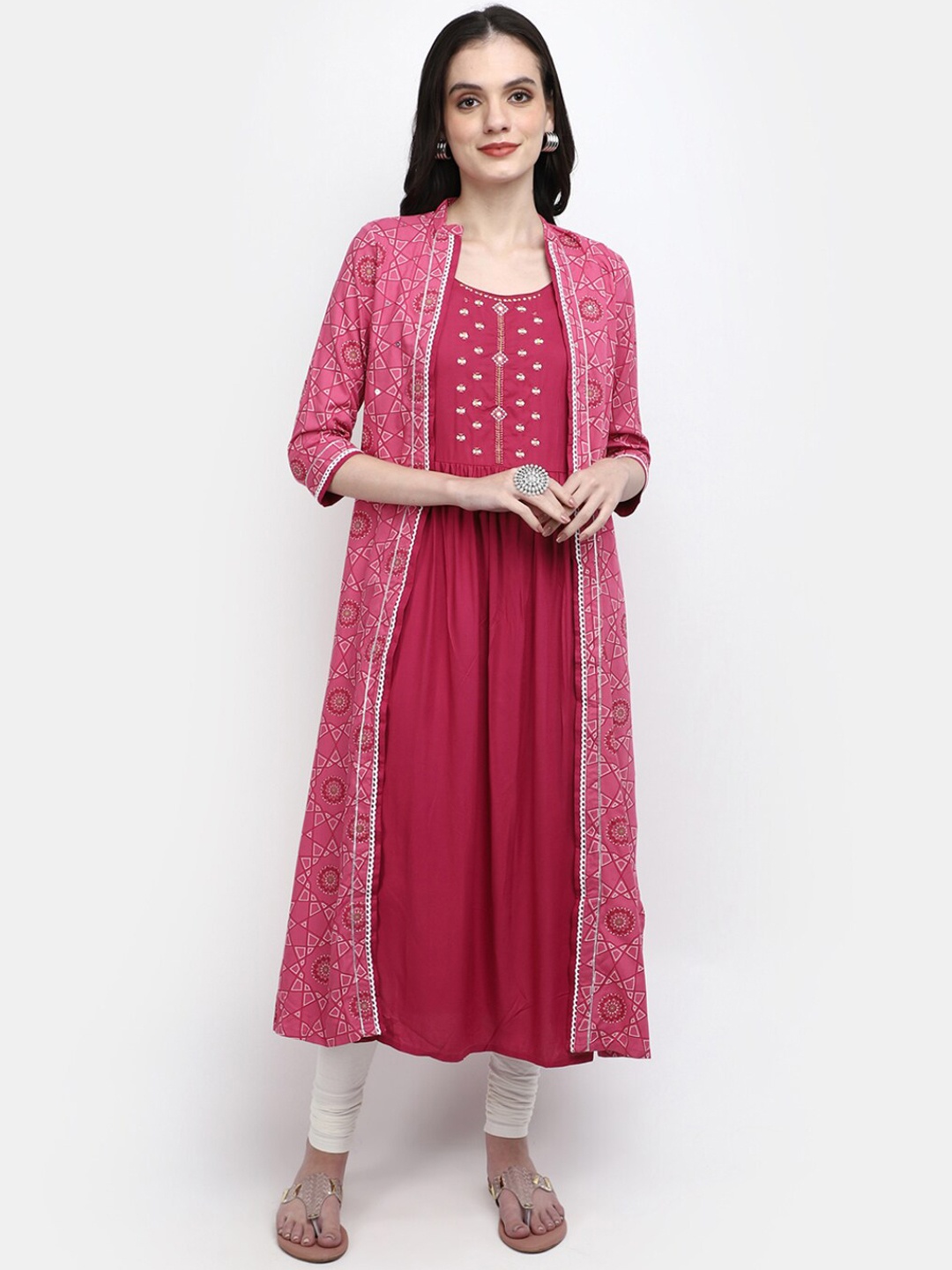 

V-Mart Ethnic Motifs Printed Thread Work Layered A-Line Kurta, Pink