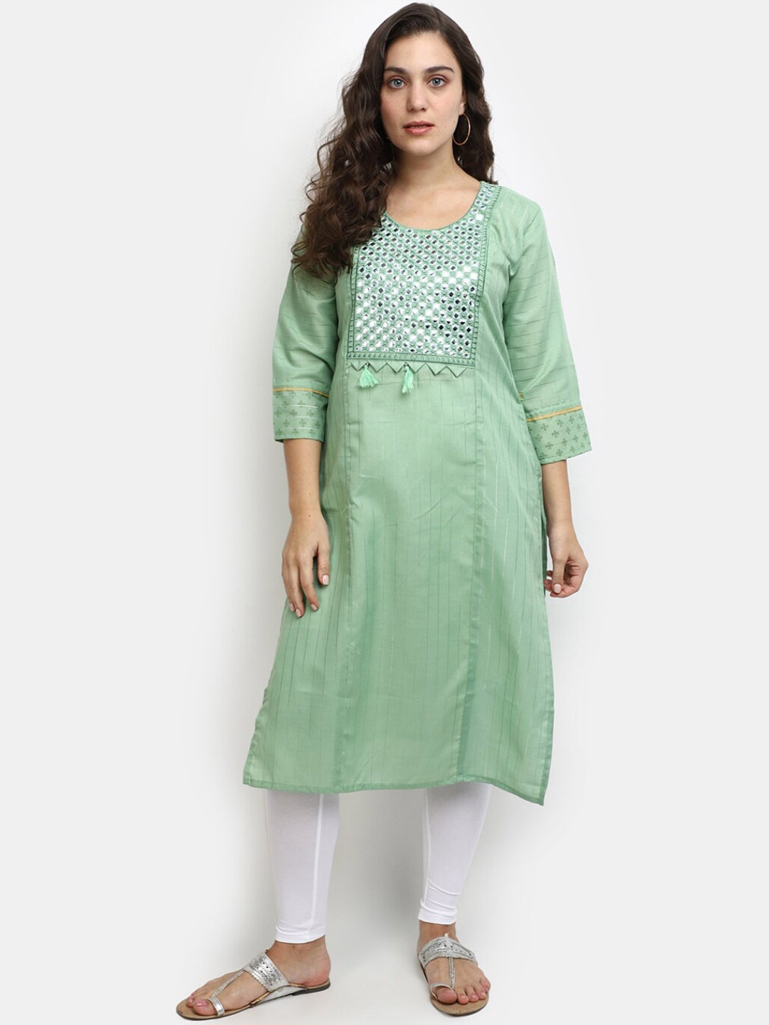 

V-Mart Striped Mirror Work Straight Kurta, Green