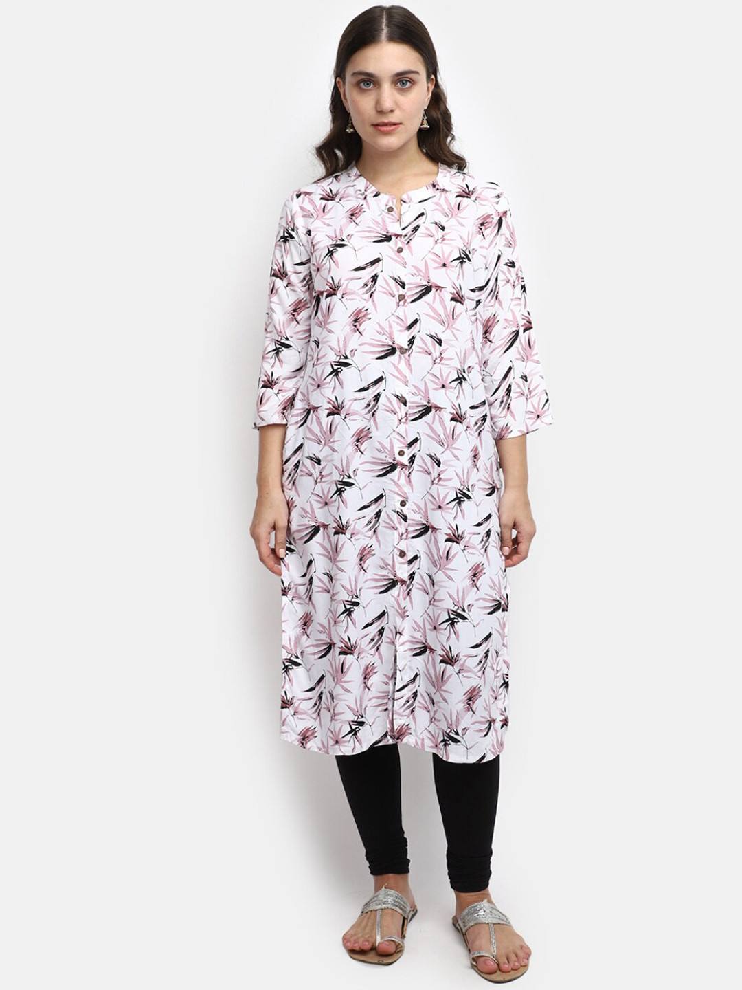 

V-Mart Mandarin Collar Floral Printed A-Line Kurta, Off white