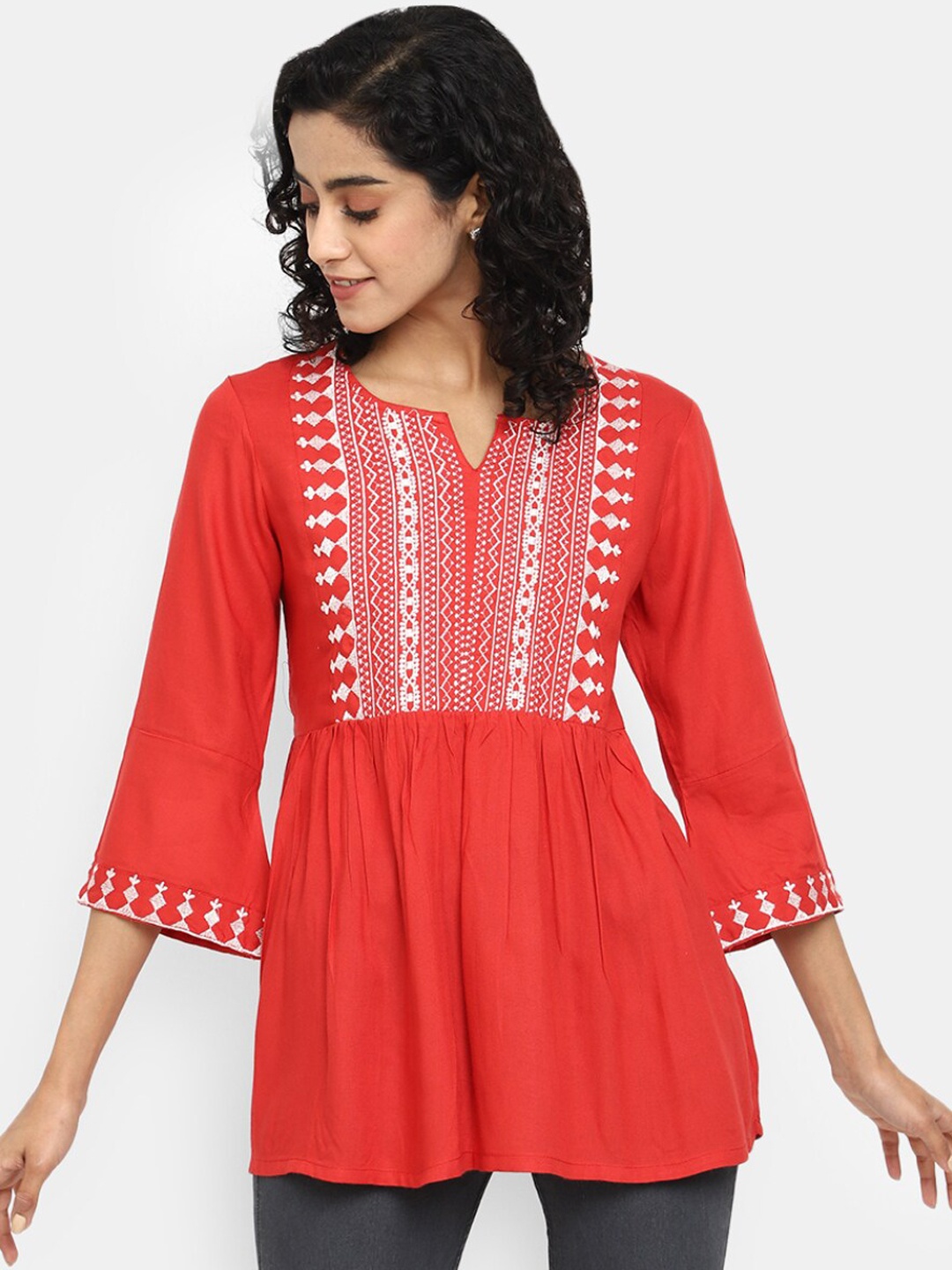 

V-Mart Geometric Embroidered Peplum Top, Maroon