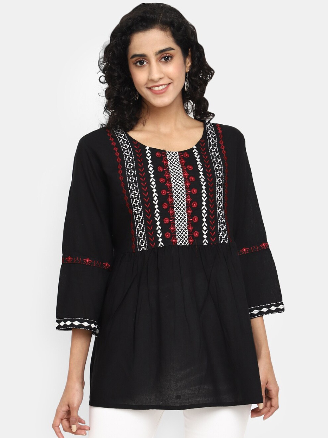 

V-Mart Geometric Embroidered Peplum Top, Black