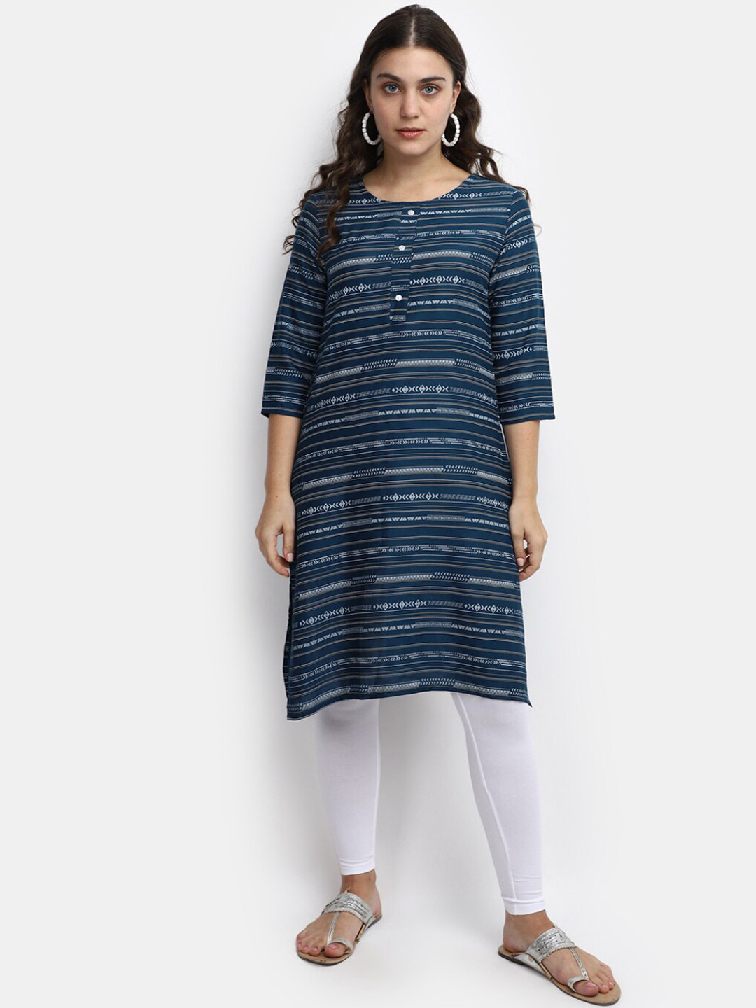 

V-Mart Round Neck Striped Straight Kurta, Blue