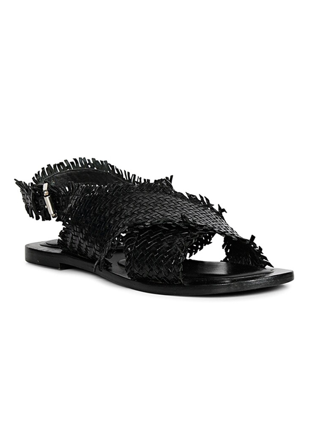 

Saint G Women Braided Textured Leather Open Toe Flats With Backstrap, Black