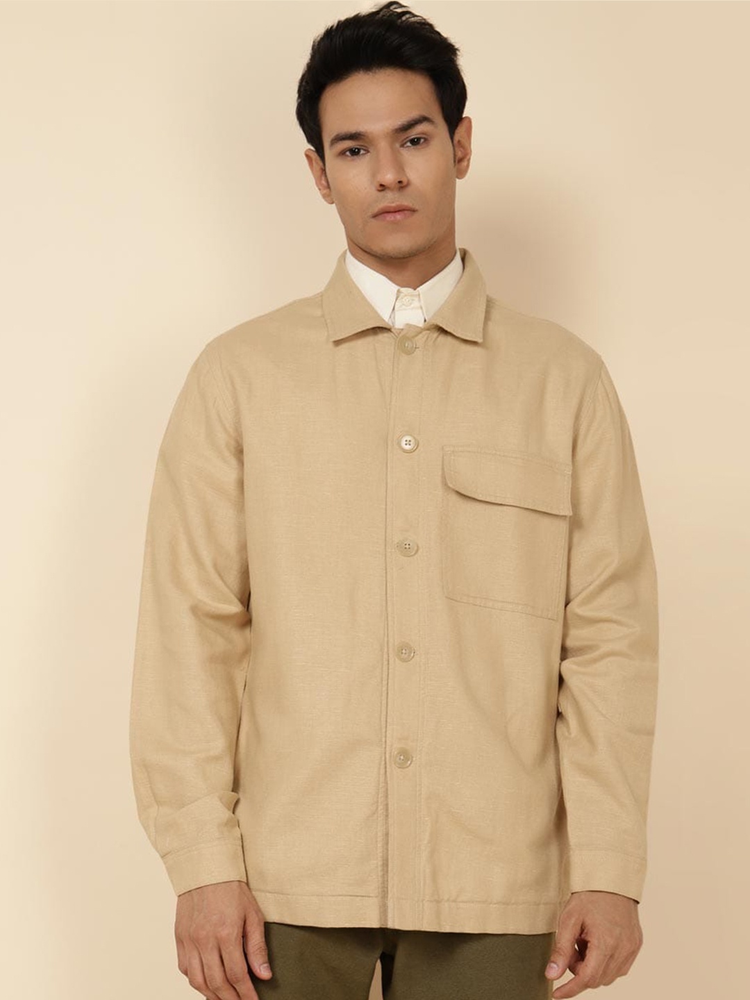 

Fabindia Men Cotton Linen Tailored Shacket, Beige