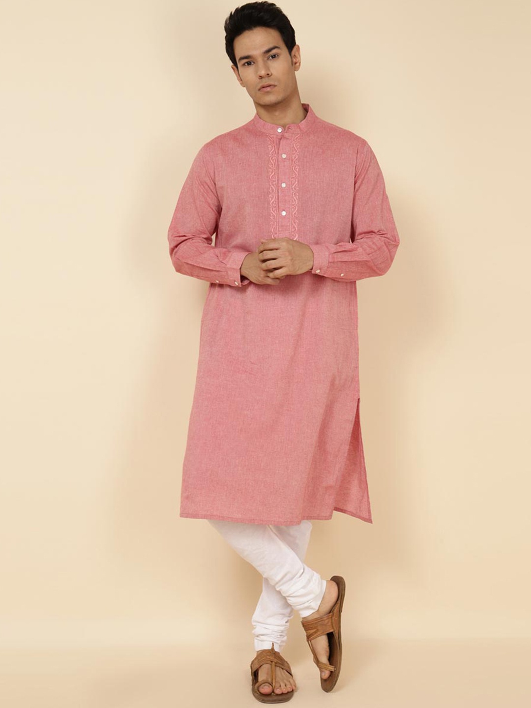 

Fabindia Band Collar Ethnic Motifs Embroidered Cotton Straight Kurta, Pink