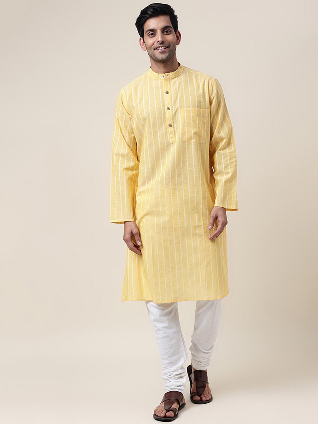 

Fabindia Band Collar Striped Straight Cotton Kurta, Yellow