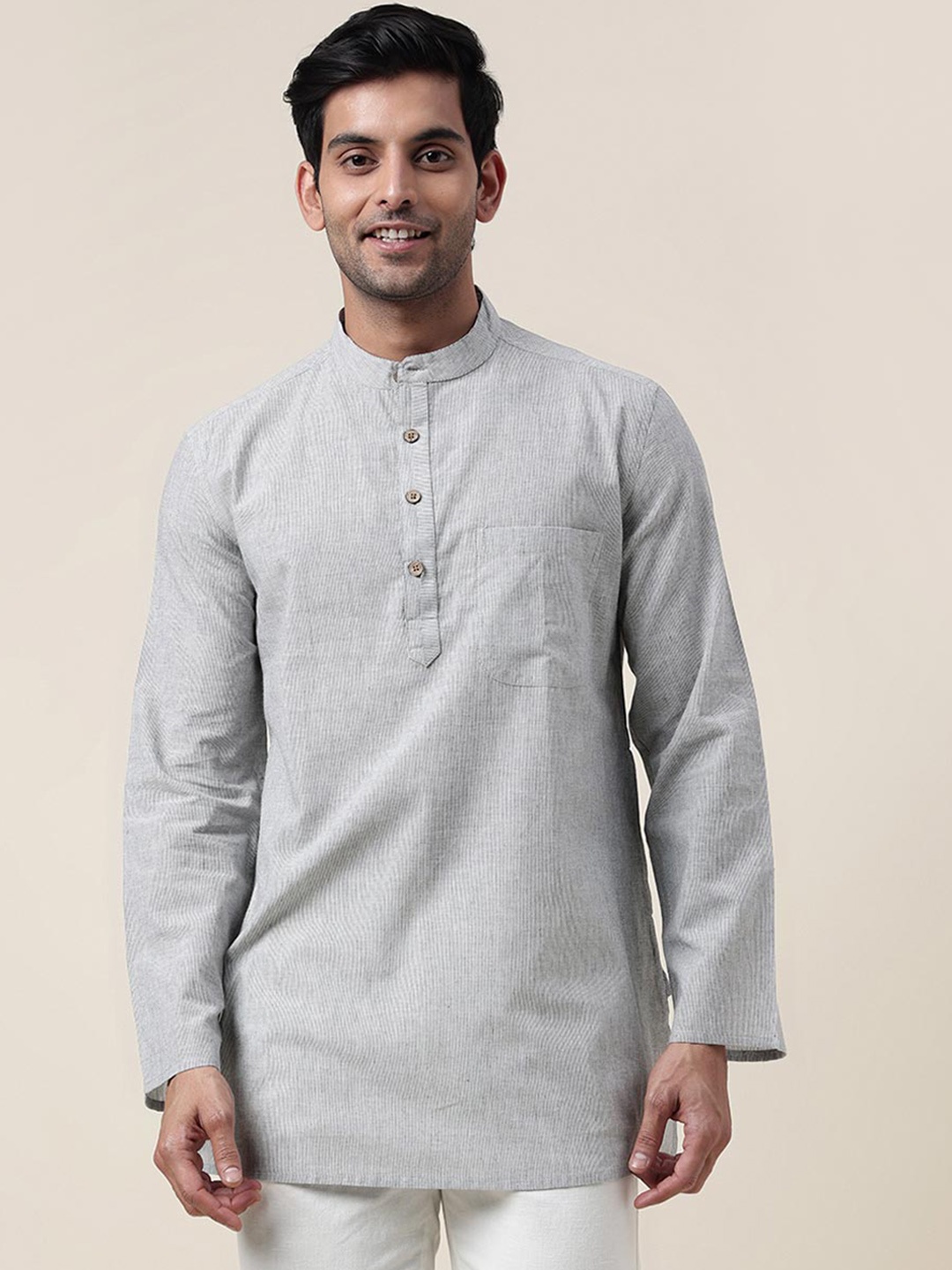 

Fabindia Striped Band Collar Short Cotton Kurta, Grey