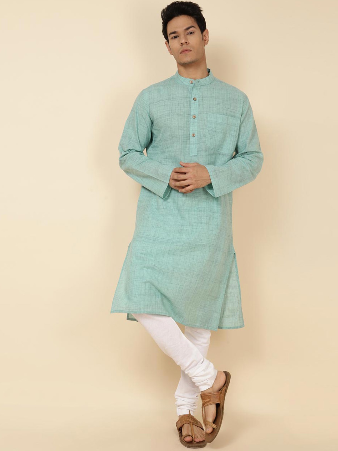 

Fabindia Band Collar Straight Pure Cotton Kurta, Green