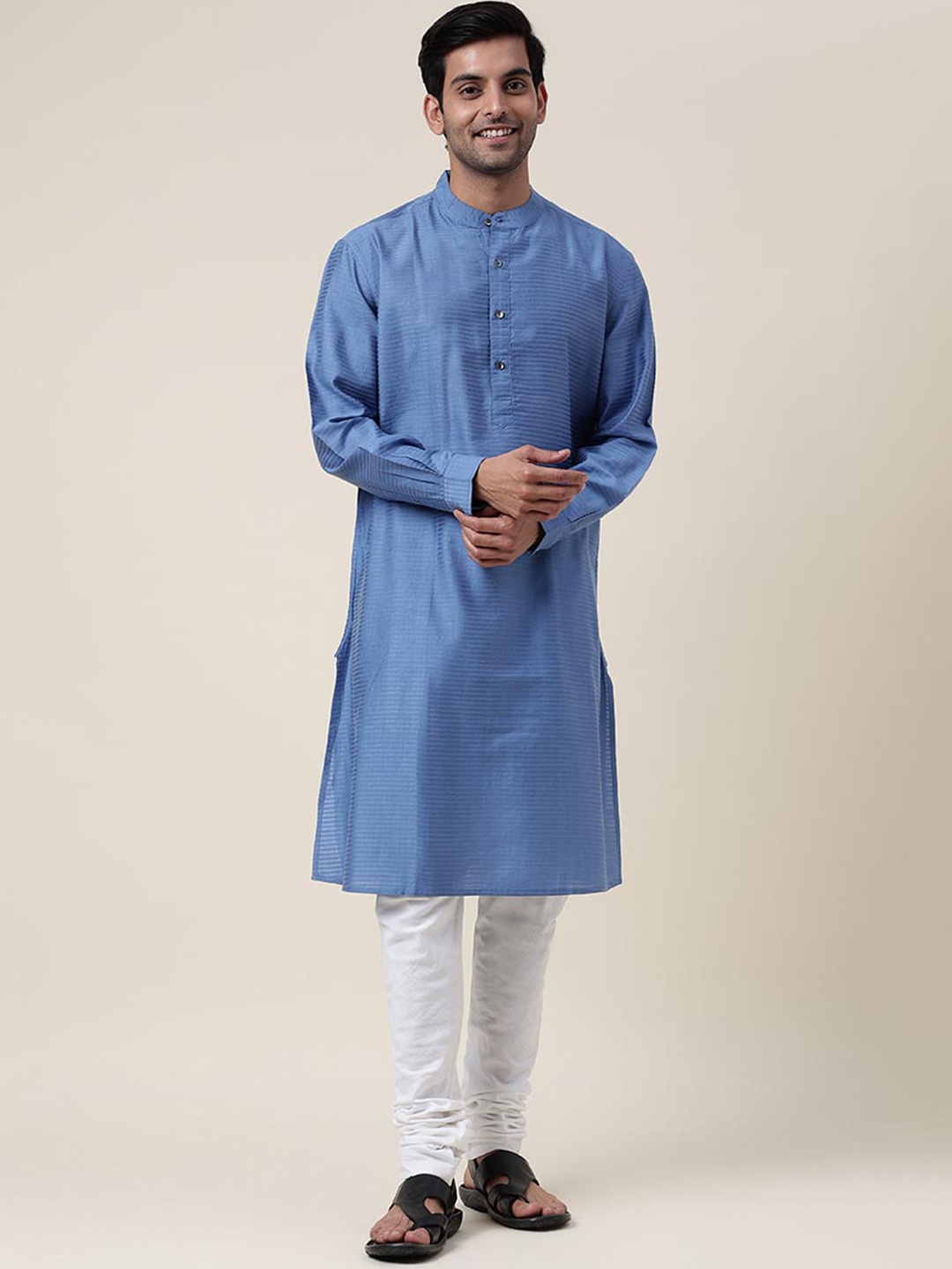 

Fabindia Band Collar Woven Design Straight Kurta, Blue