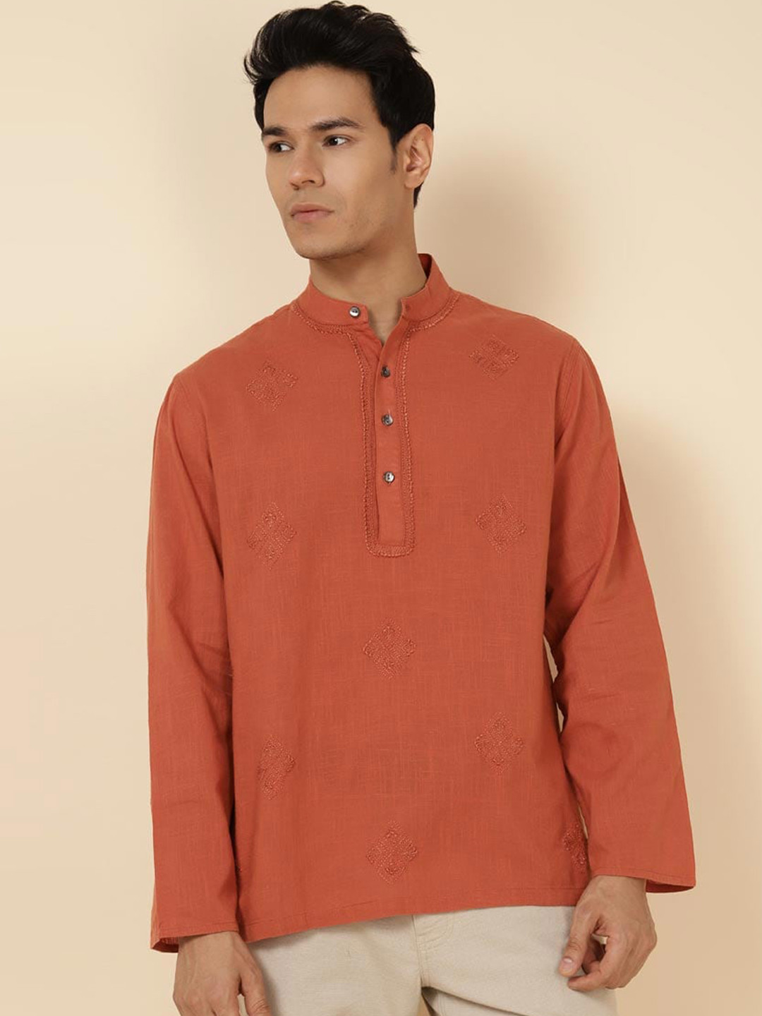 

Fabindia Band Collar Ethnic Motifs Embroidered Cotton Kurta, Rust