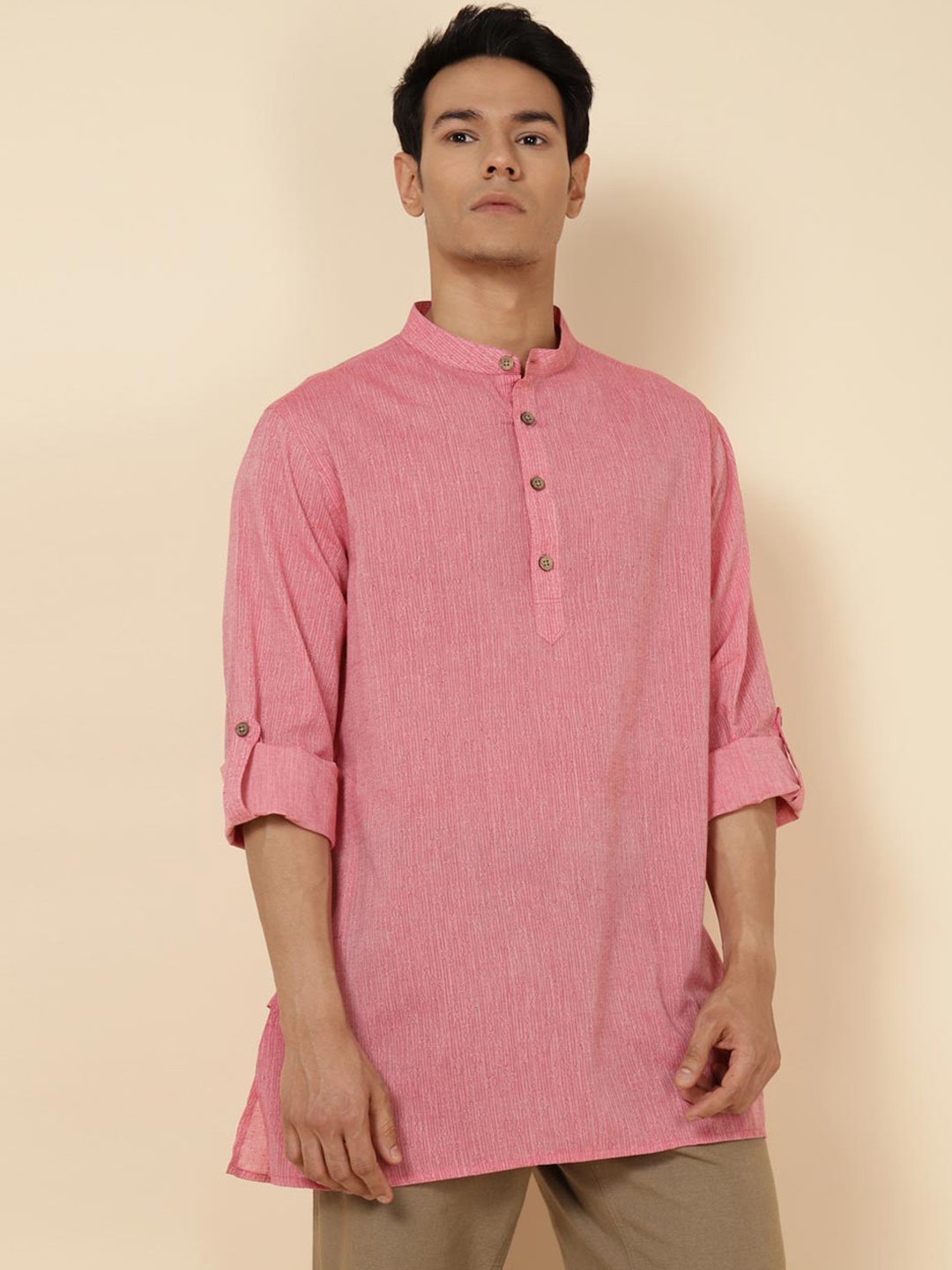 

Fabindia Ethnic Motifs Printed Band Collar Short Cotton Kurta, Pink