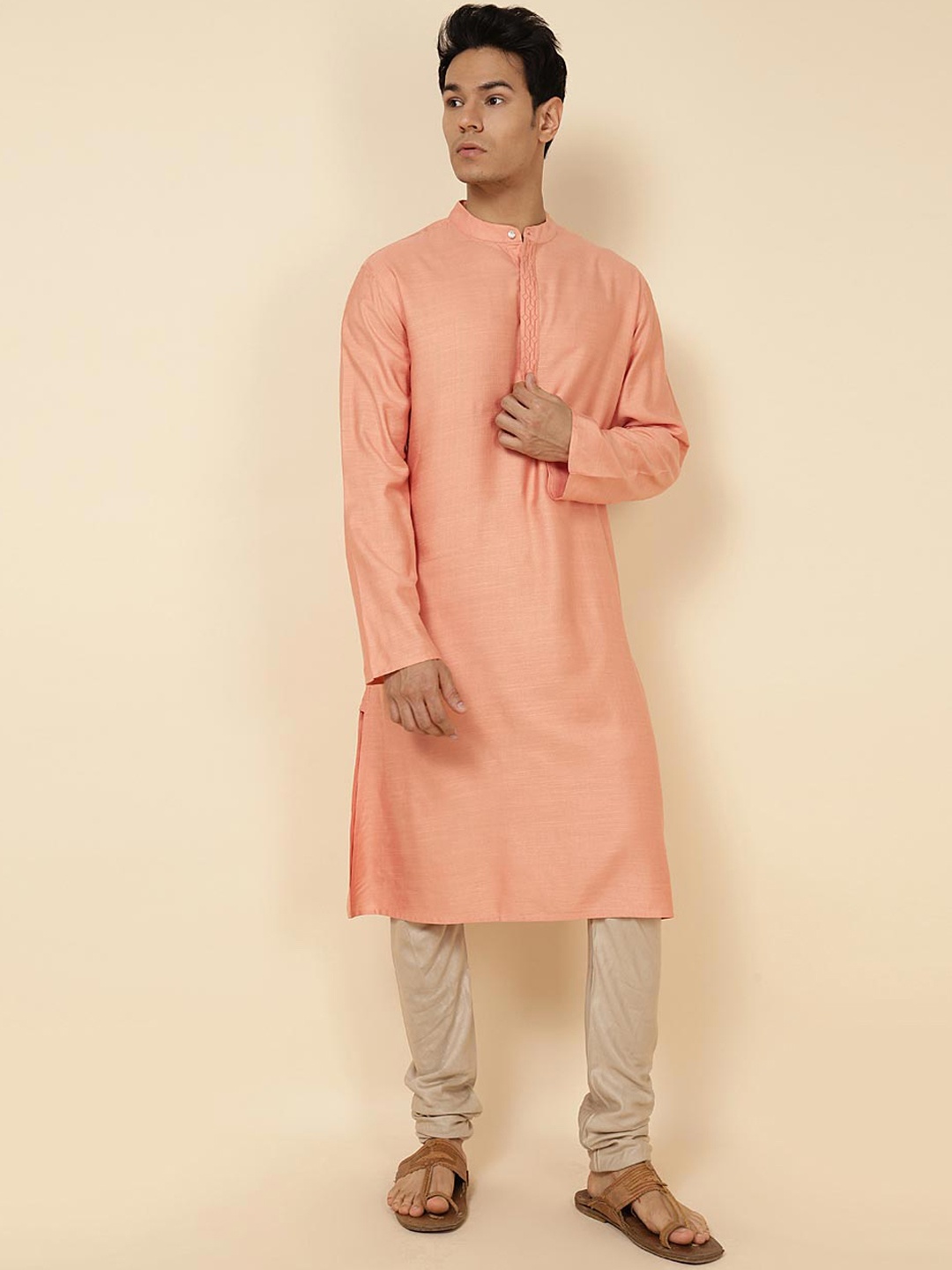 

Fabindia Thread Work Band Collar Kurta, Peach