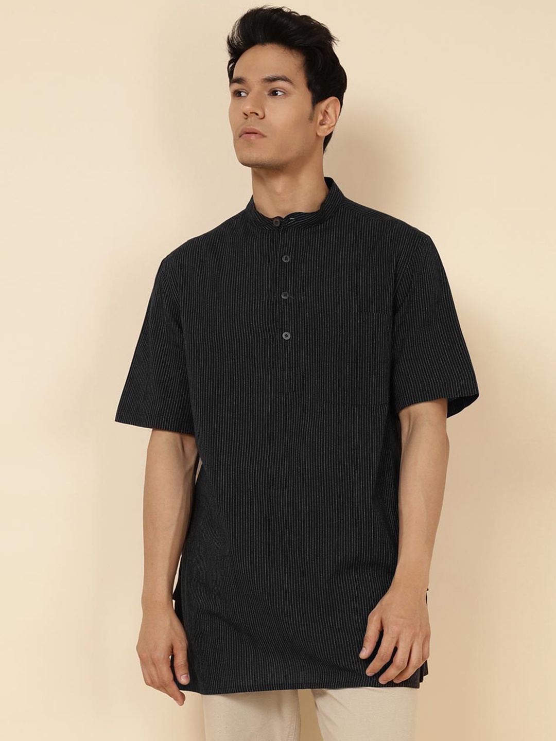 

Fabindia Striped Band Collar Short Cotton Kurta, Black