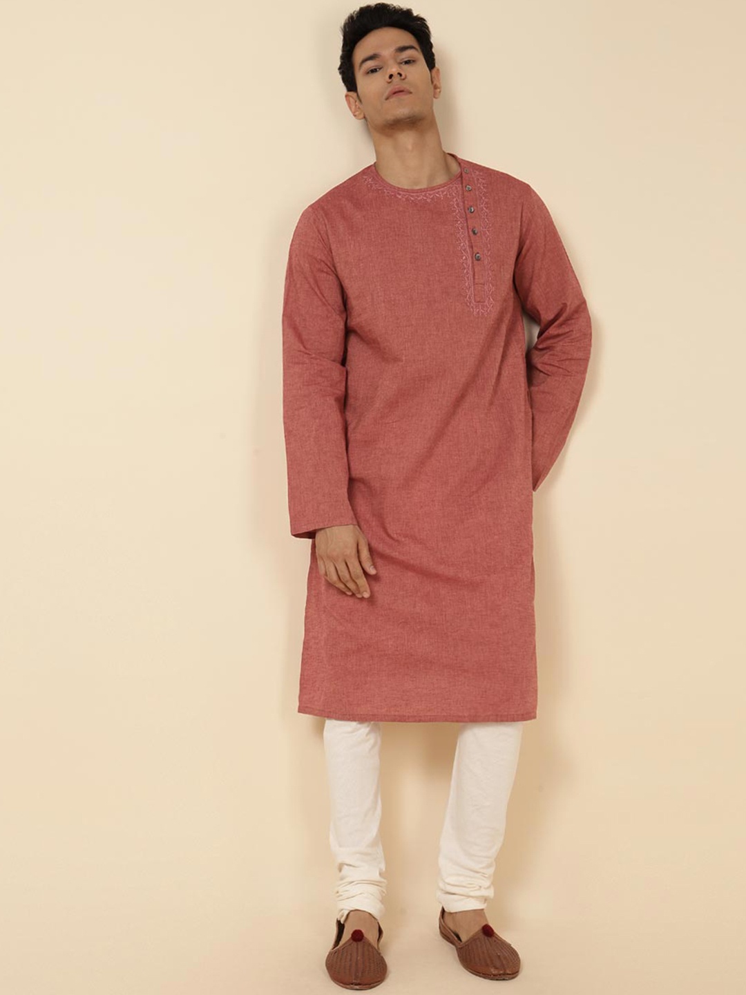 

Fabindia Angrakha Band Collar Cotton Kurta, Rust