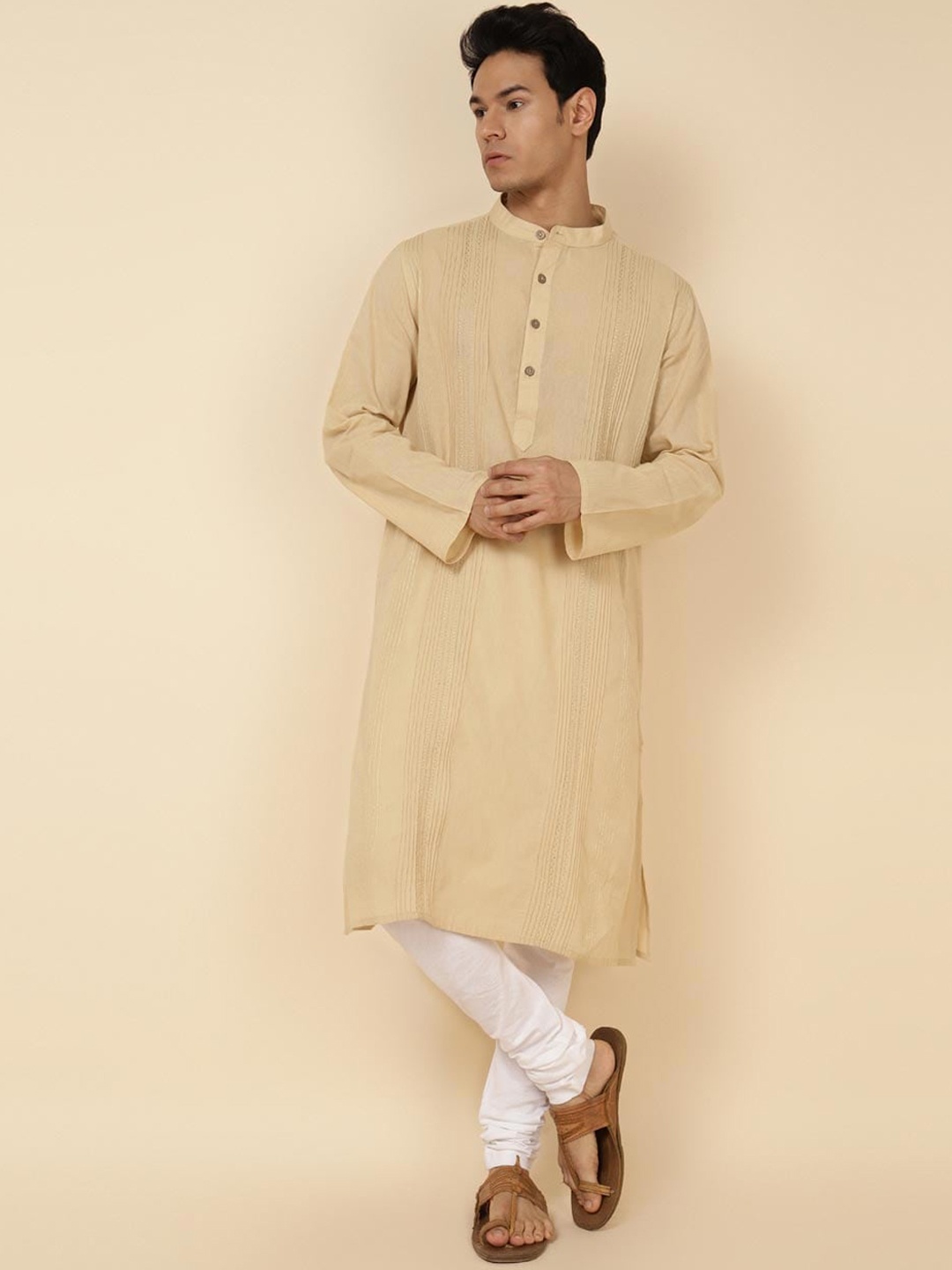 

Fabindia Pintucks Band Collar Cotton Kurta, Beige