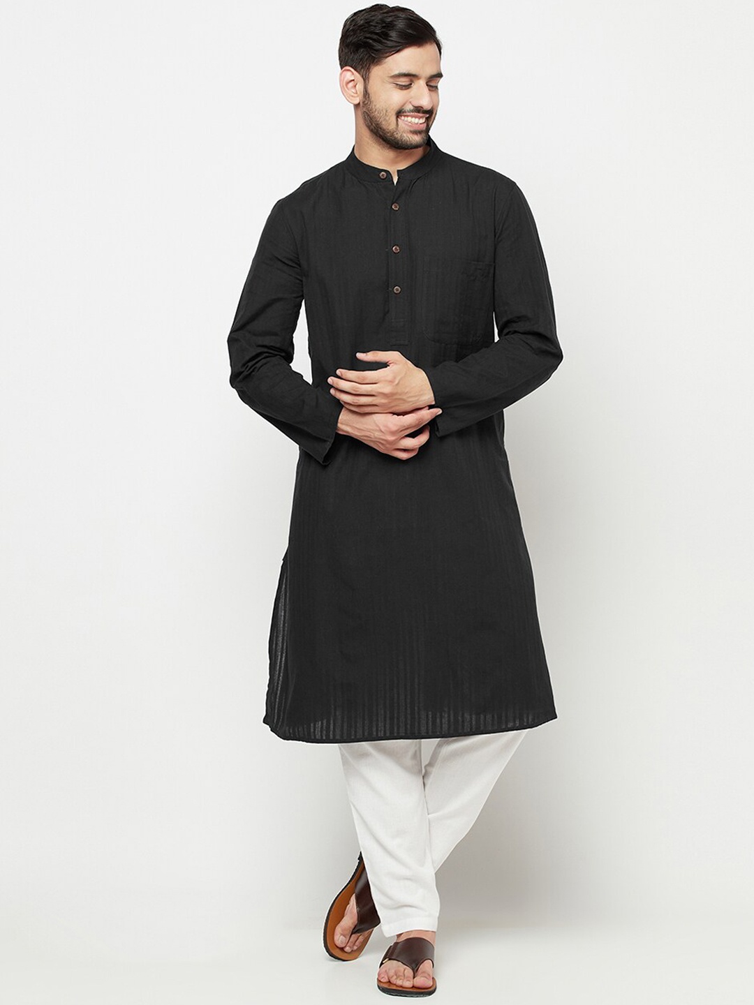 

Fabindia Band Collar Straight Cotton Kurta, Black