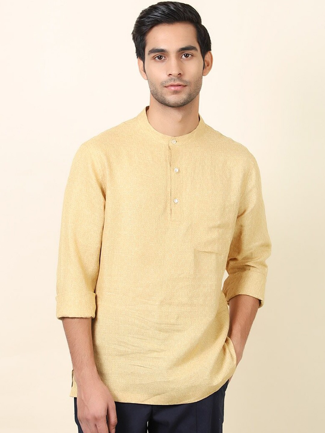 

Fabindia Band Collar Short Linen Kurta, Beige