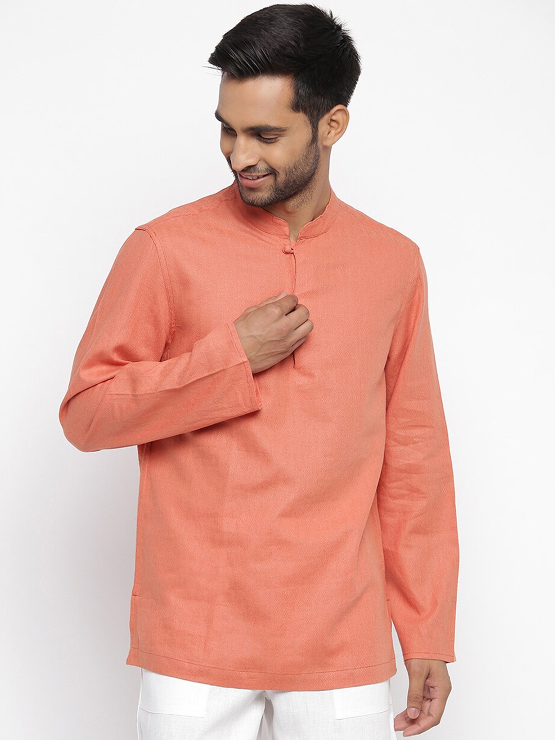 

Fabindia Mandarin Collar Short Linen Kurta, Orange