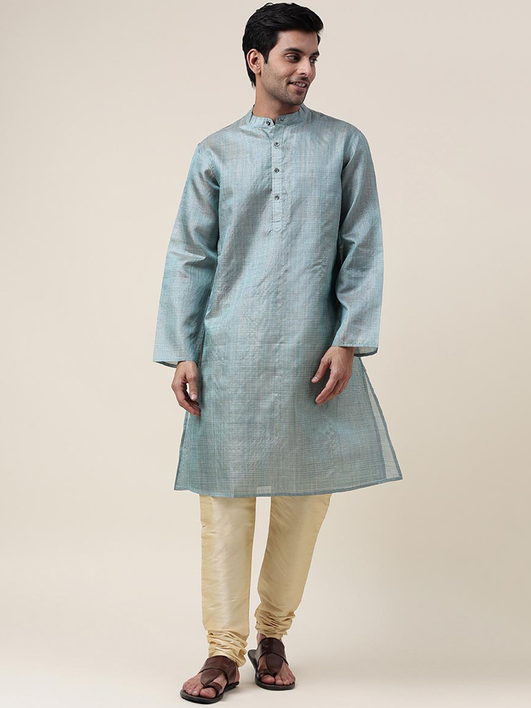 

Fabindia Band Collar Silk Kurta, Blue