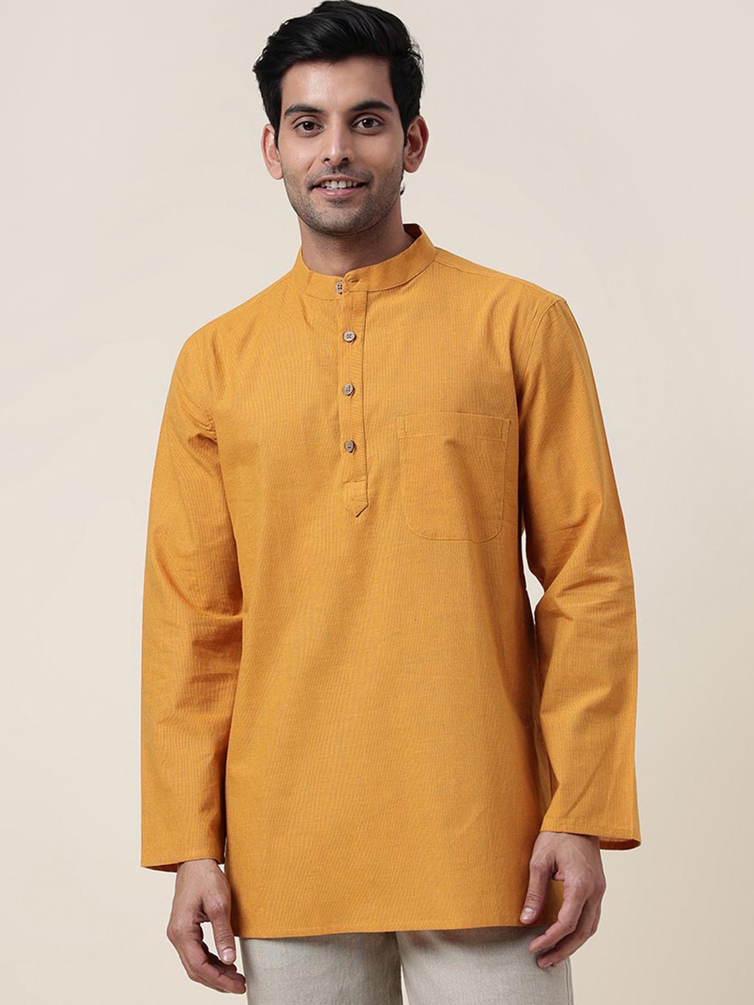 

Fabindia Band Collar Straight Cotton Kurta, Mustard