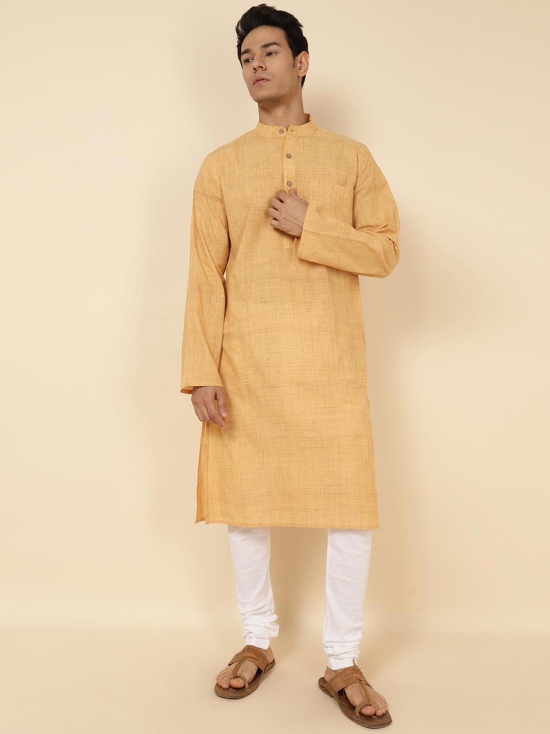 

Fabindia Band Collar Slim Fit Cotton Kurta, Yellow