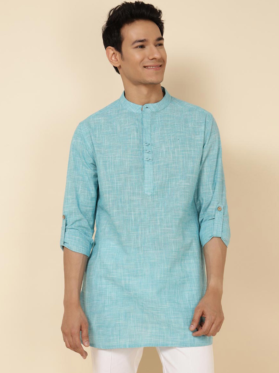 

Fabindia Band Collar Short Cotton Kurta, Turquoise blue