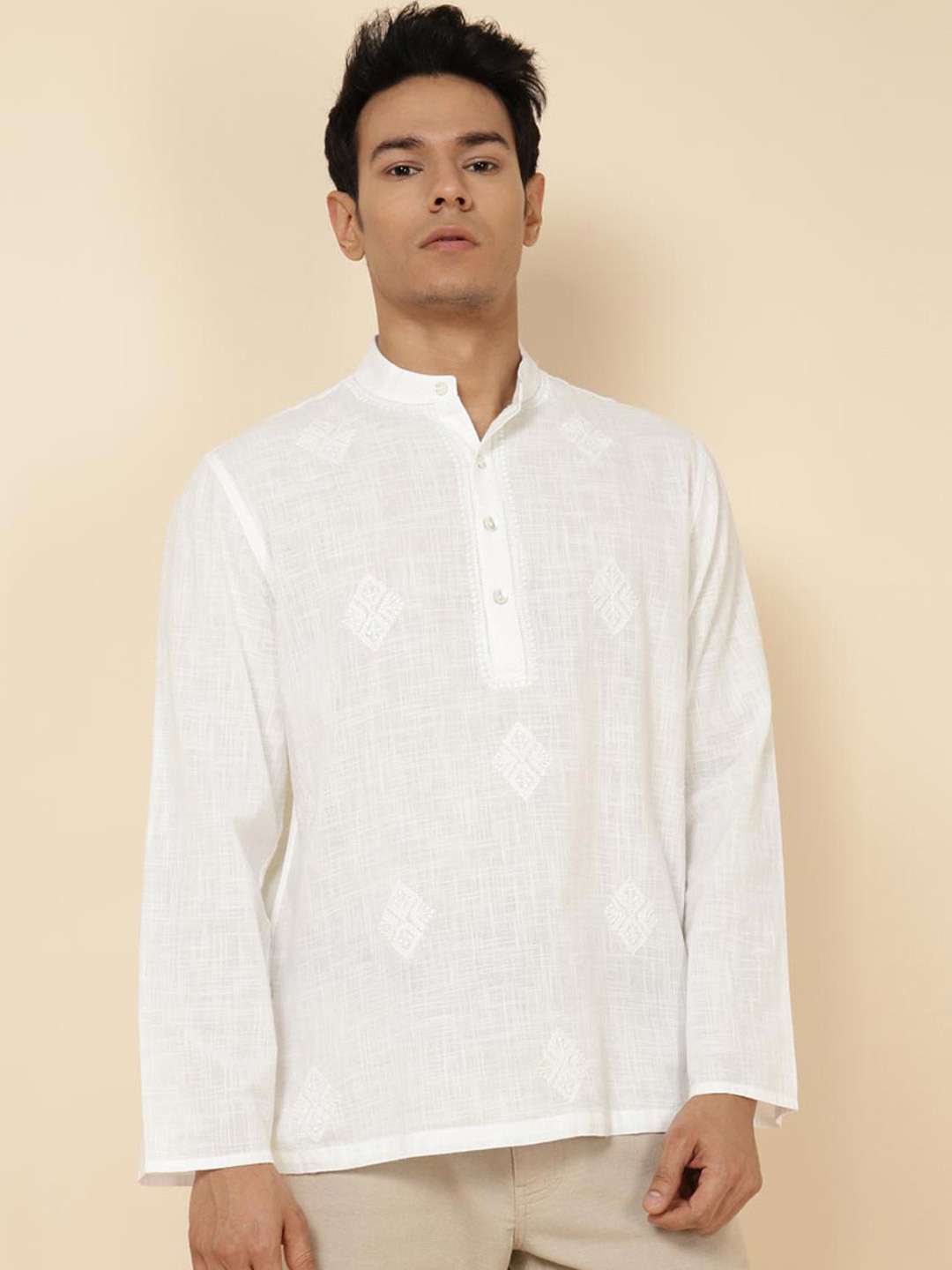 

Fabindia Ethnic Motif Embroidered Band Collar Pure Cotton Short Kurta, White
