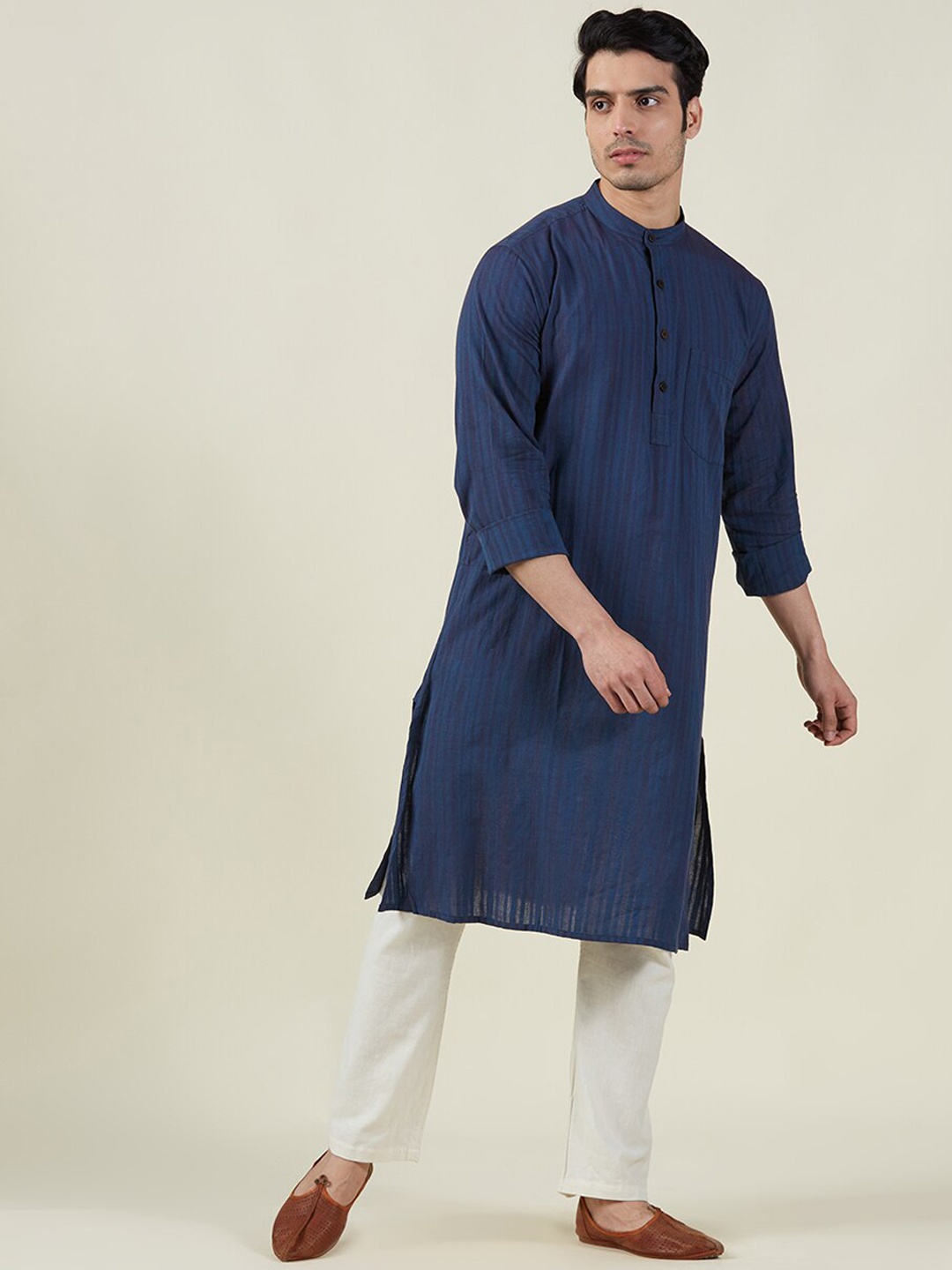 

Fabindia Band Collar Striped Cotton Kurta, Navy blue