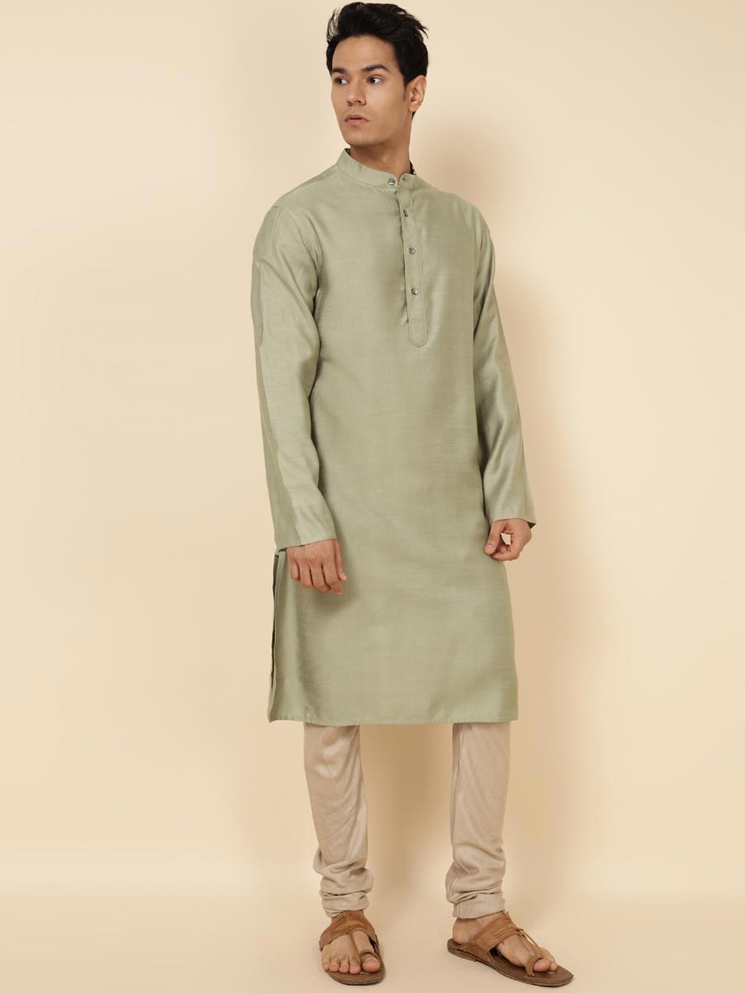 

Fabindia Band Collar Straight Kurta, Green