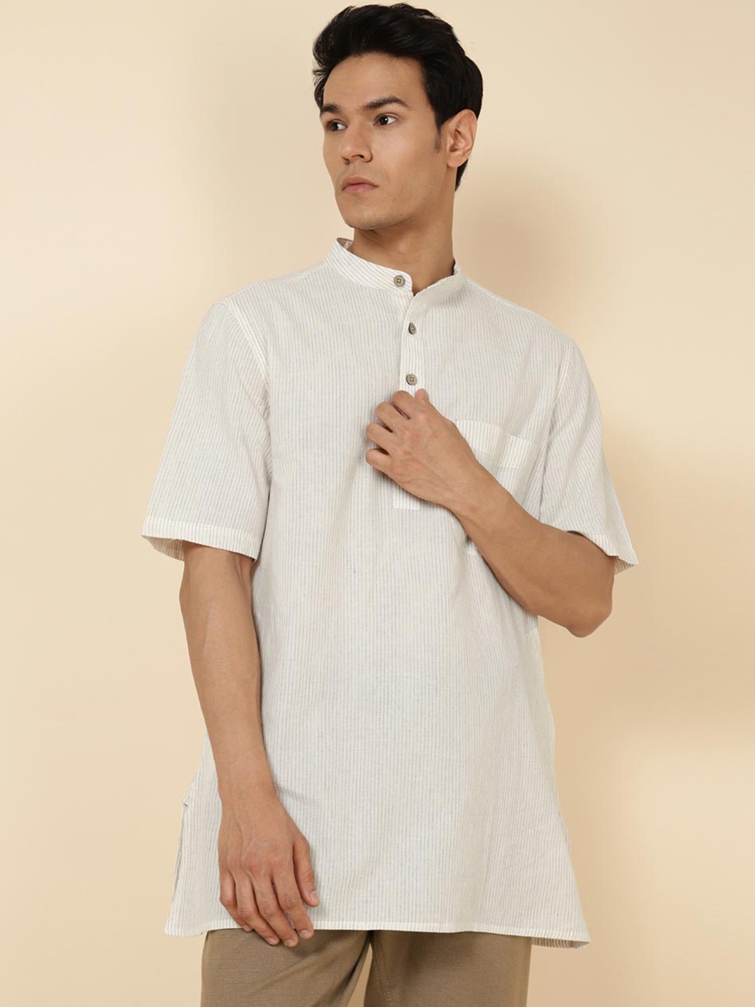 

Fabindia Striped Band Collar Short Cotton Kurta, Off white