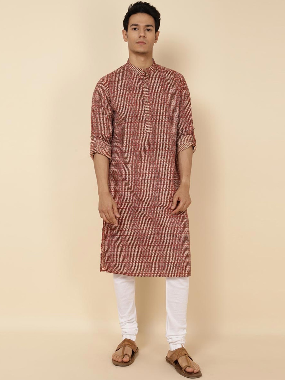 

Fabindia Ethnic Motifs Printed Band Collar Cotton Kurta, Rust