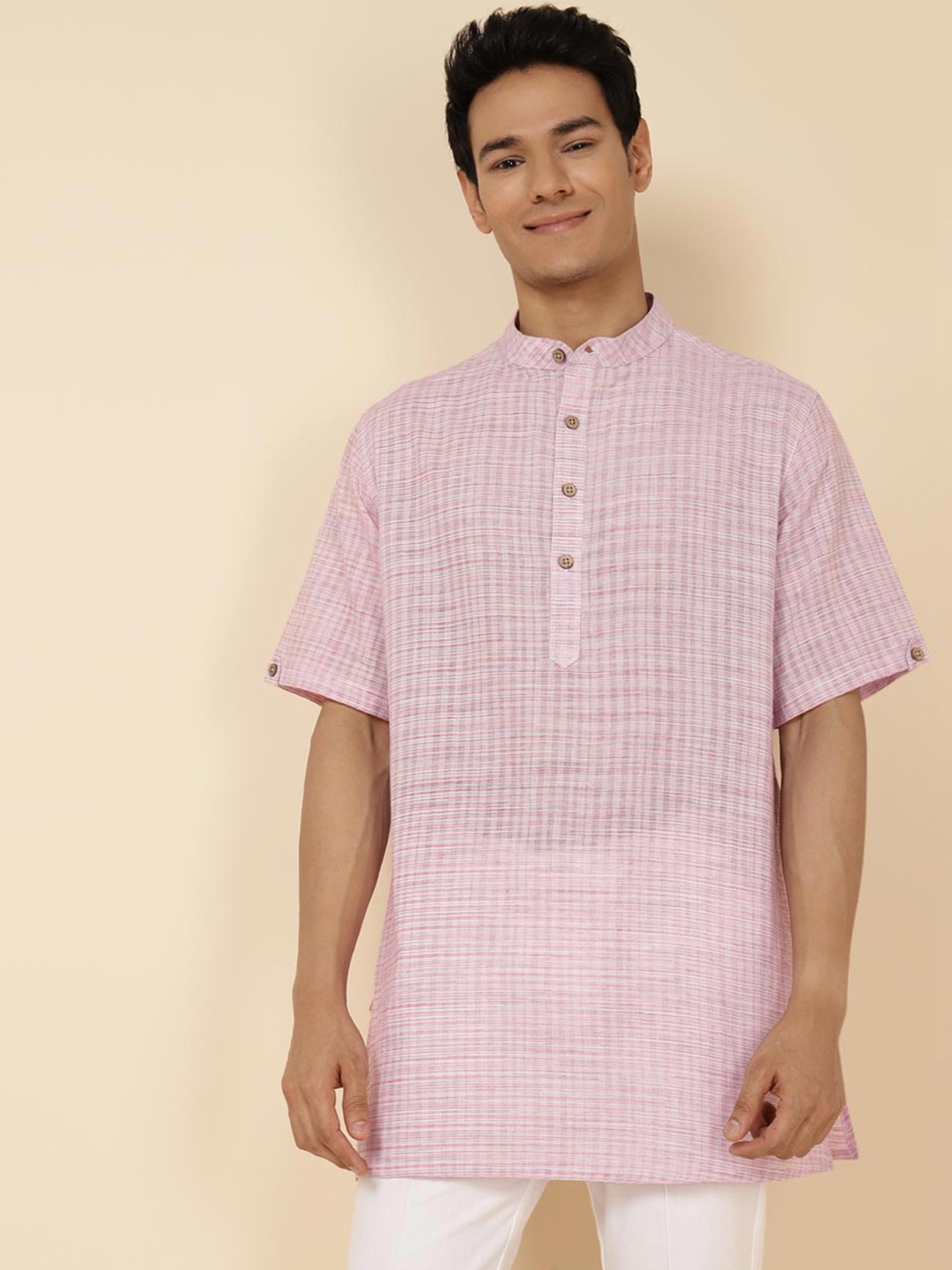 

Fabindia Woven Design Band Collar Short Cotton Kurta, Pink