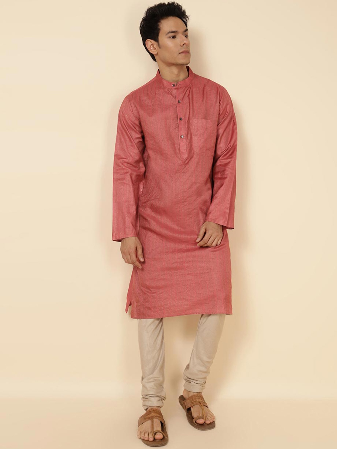 

Fabindia Band Collar Striped Straight Kurta, Red
