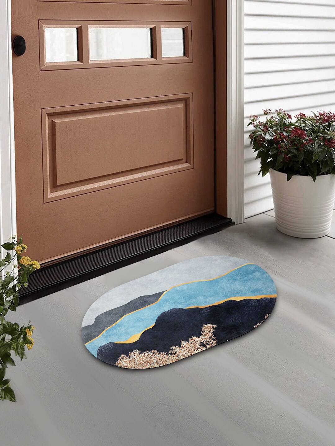 

FABINALIV Navy Blue & Blue Abstract Patterned Anti-Skid Rubber Doormat