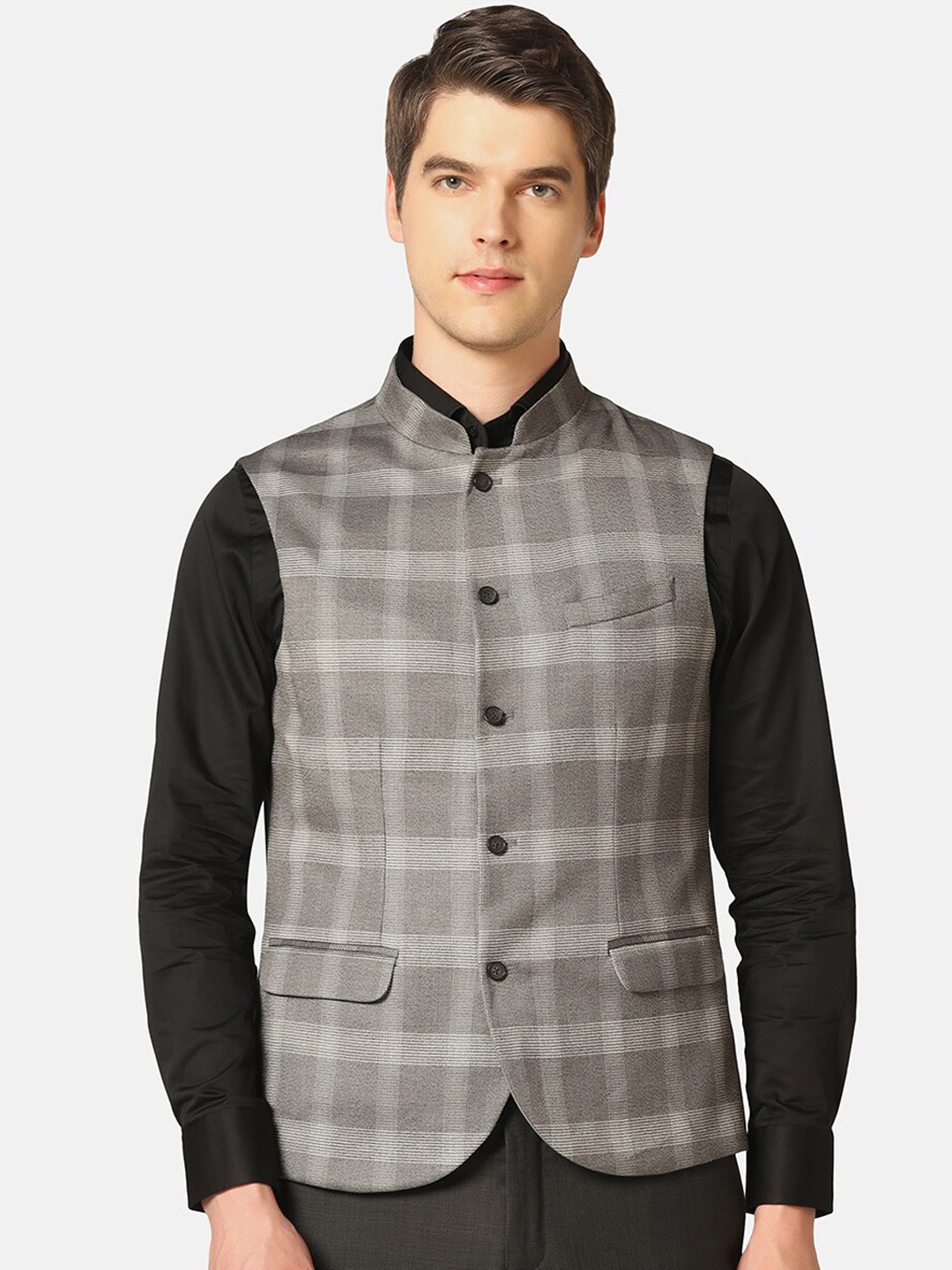 

Blackberrys Slim-Fit Checked Reversible Bandhgala Nehru Jacket, Grey